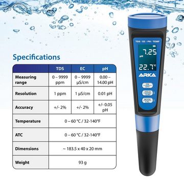 ARKA Biotechnologie GmbH Aquarium-Wassertest Arka pH/TDS/EC-Messgerät für Aquaristik /Pool