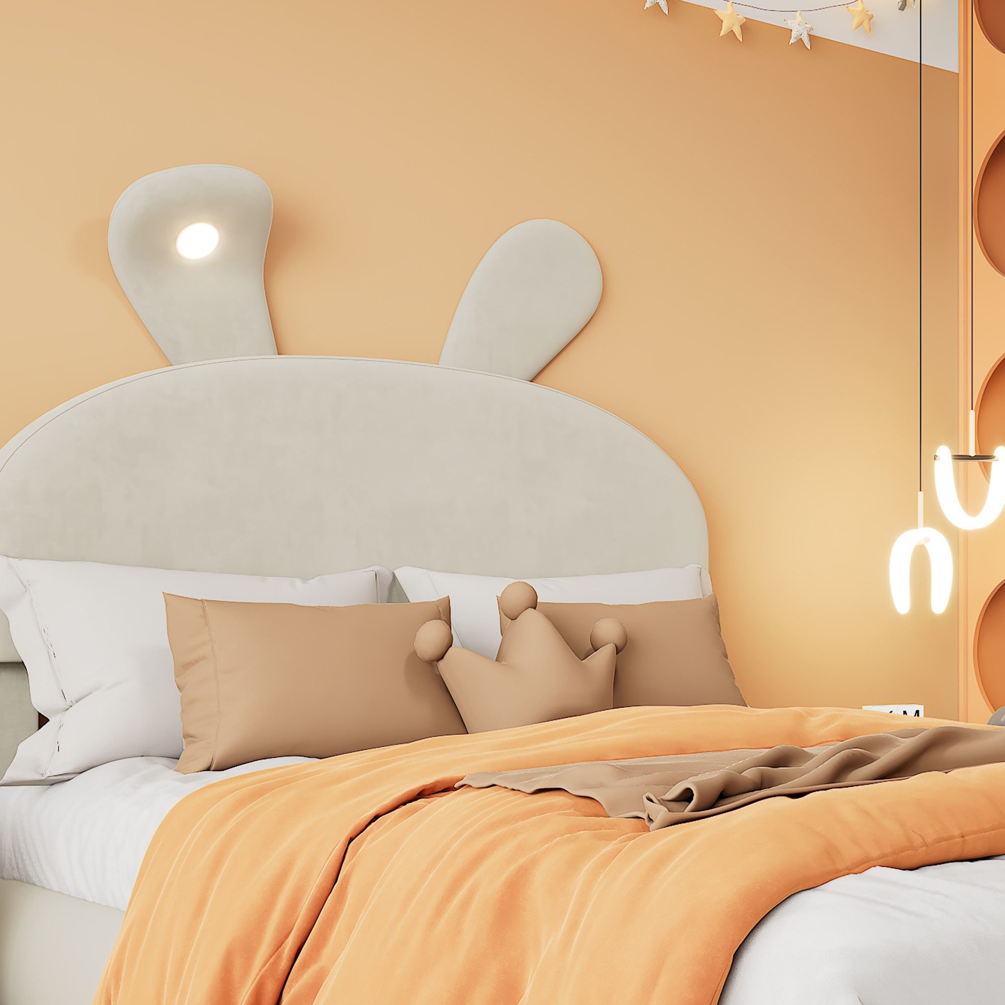 Flieks Polsterbett, LED Einzelbett 90x200cm mit Hasenohren Kopfteil und 2 Stauraumhockern