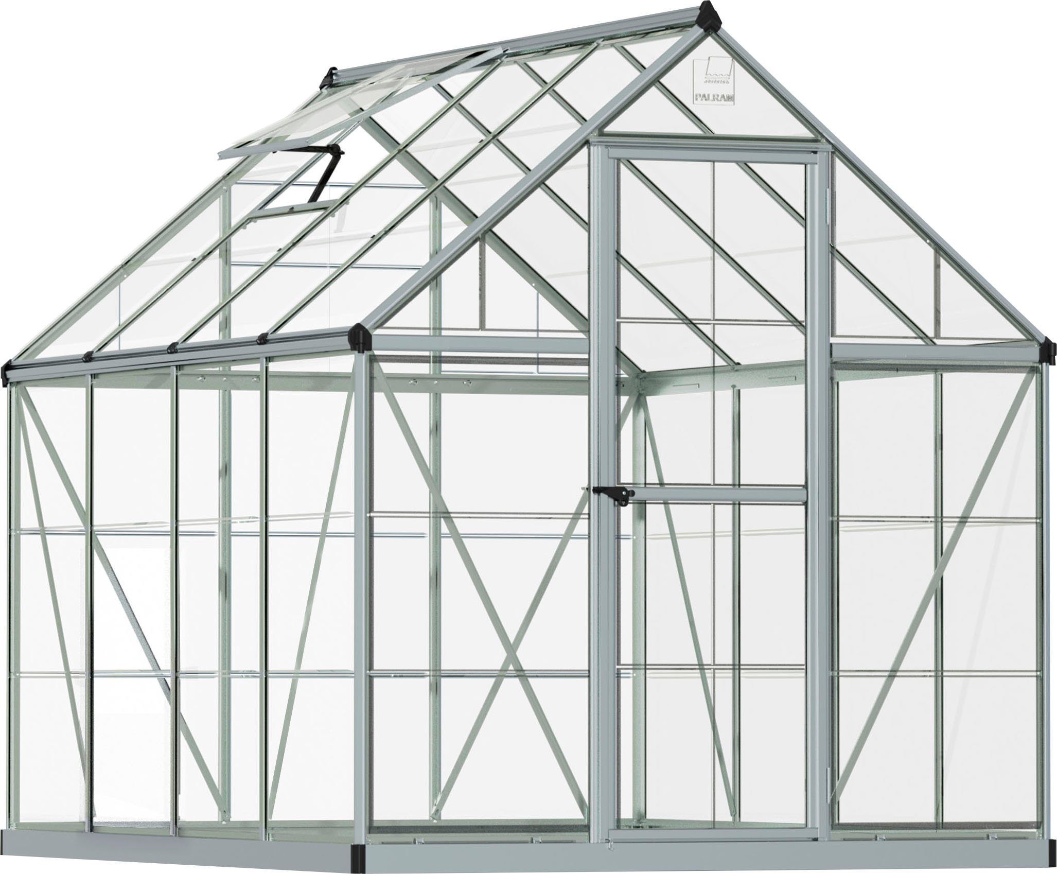 Palram - Canopia Gewächshaus Harmony, BxTxH: 185 x 246 x 208 cm, 0,7 mm Wandstärke, Set, inkl. Fundamentrahmen, mit klaren Polycarbonatplatten, silberfarben