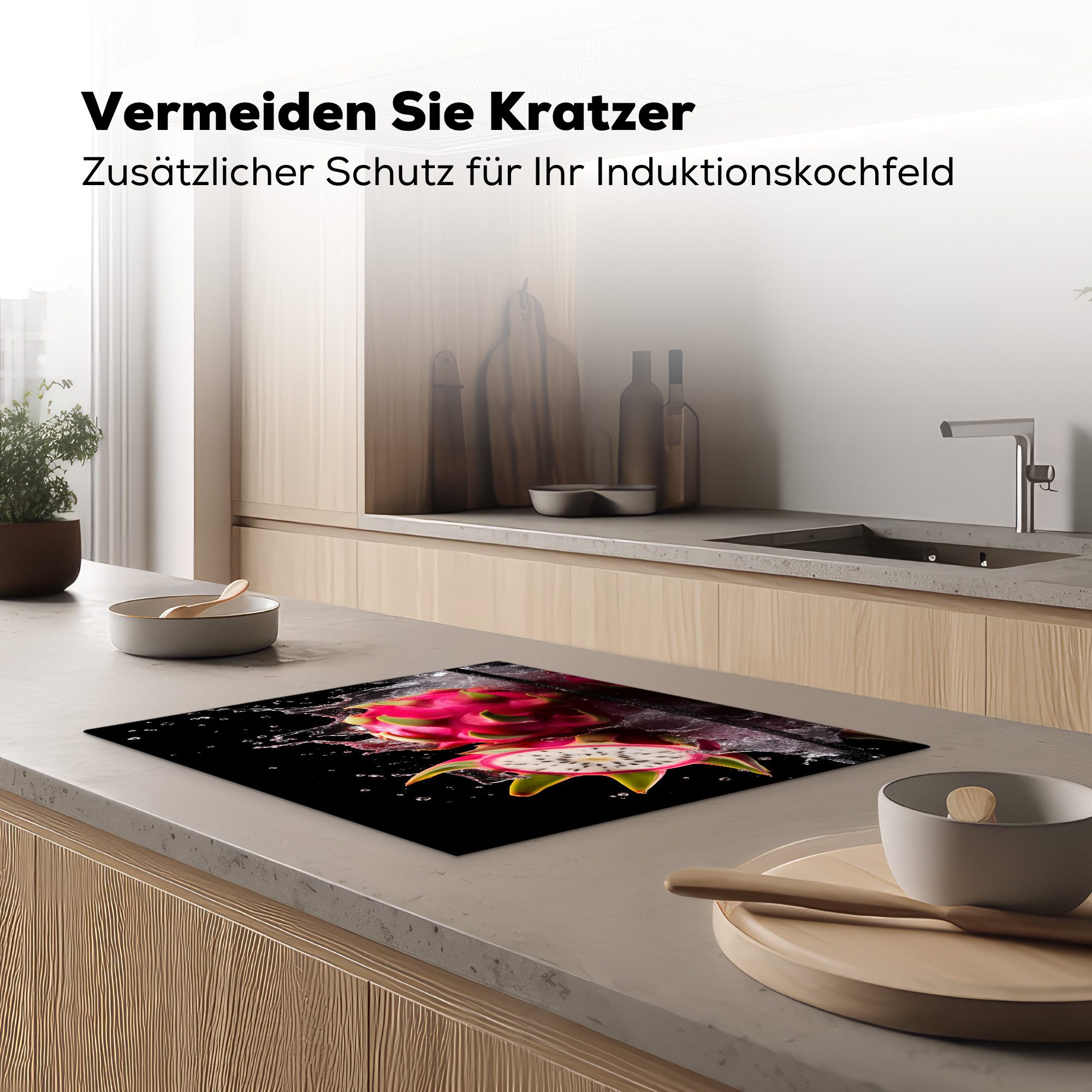 MuchoWow Herd-Abdeckplatte Drachenfrucht - Schwarz - Wasser - Frucht - Frucht, Vinyl, (1 tlg), Herdabdeckplatten für Ceranfeld, Induktionsschutz, 65x55 cm