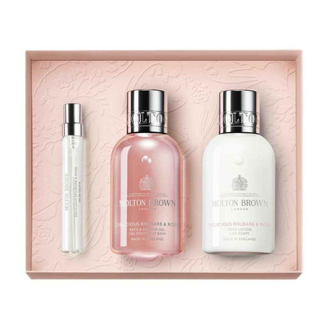 MOLTON BROWN Pflege-Geschenkset Delicious Rhubarb & Rose Travel Set = EdT Nat. Spray 7,5ml + Bath & Sh mehr