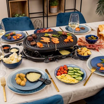 PRINCESS Raclette 162700 - Oval - 8 Pfannen, 8 Raclettepfännchen, 1200 W, Multifunktionale Platte, inklusive 8 Pfännchen und 8 Holzschabern