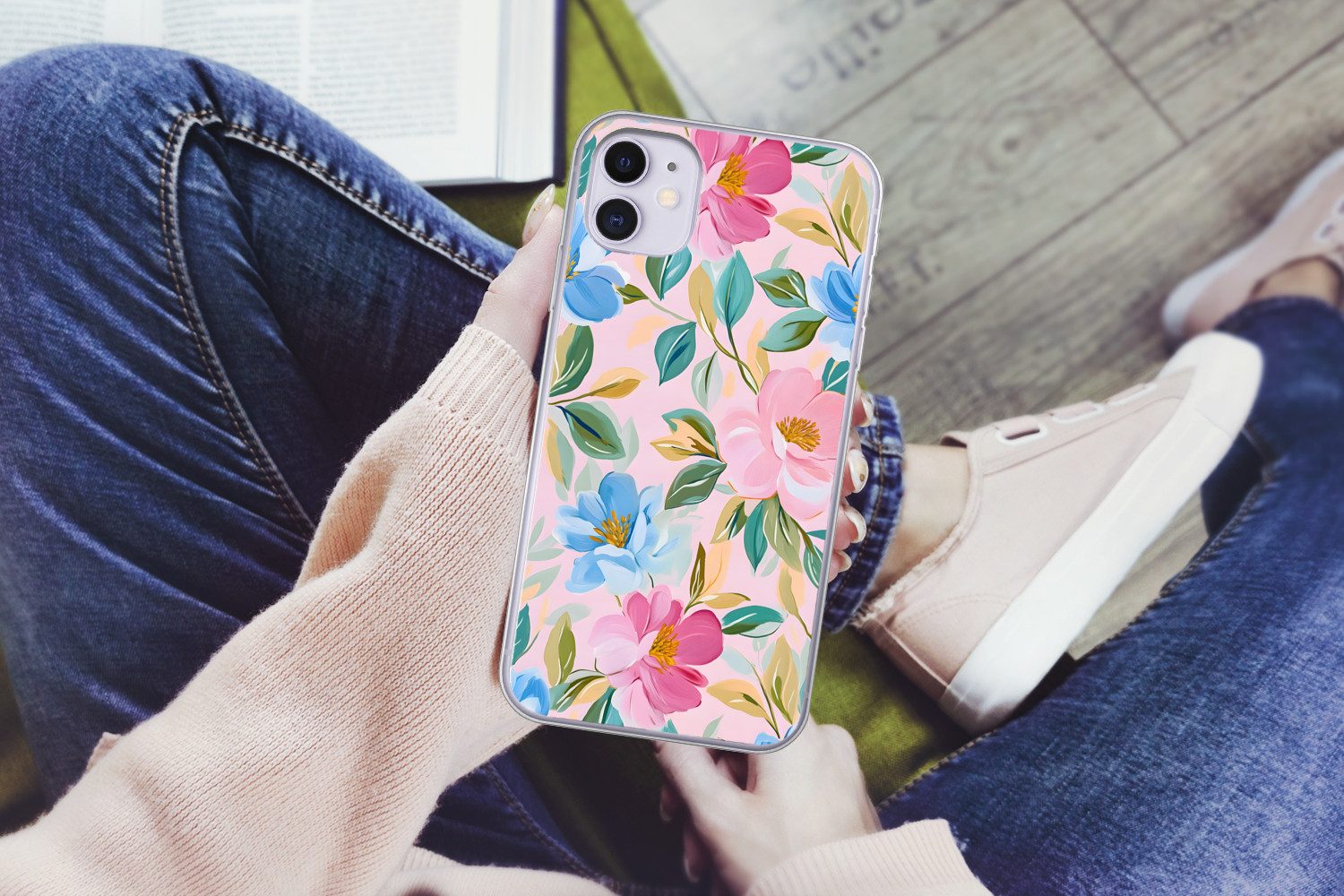 MuchoWow Handyhülle für Apple iPhone 11 Blau - Rosa - Blumen, Smartphone-Bumper, Print, Handy Schutzhülle Dünn