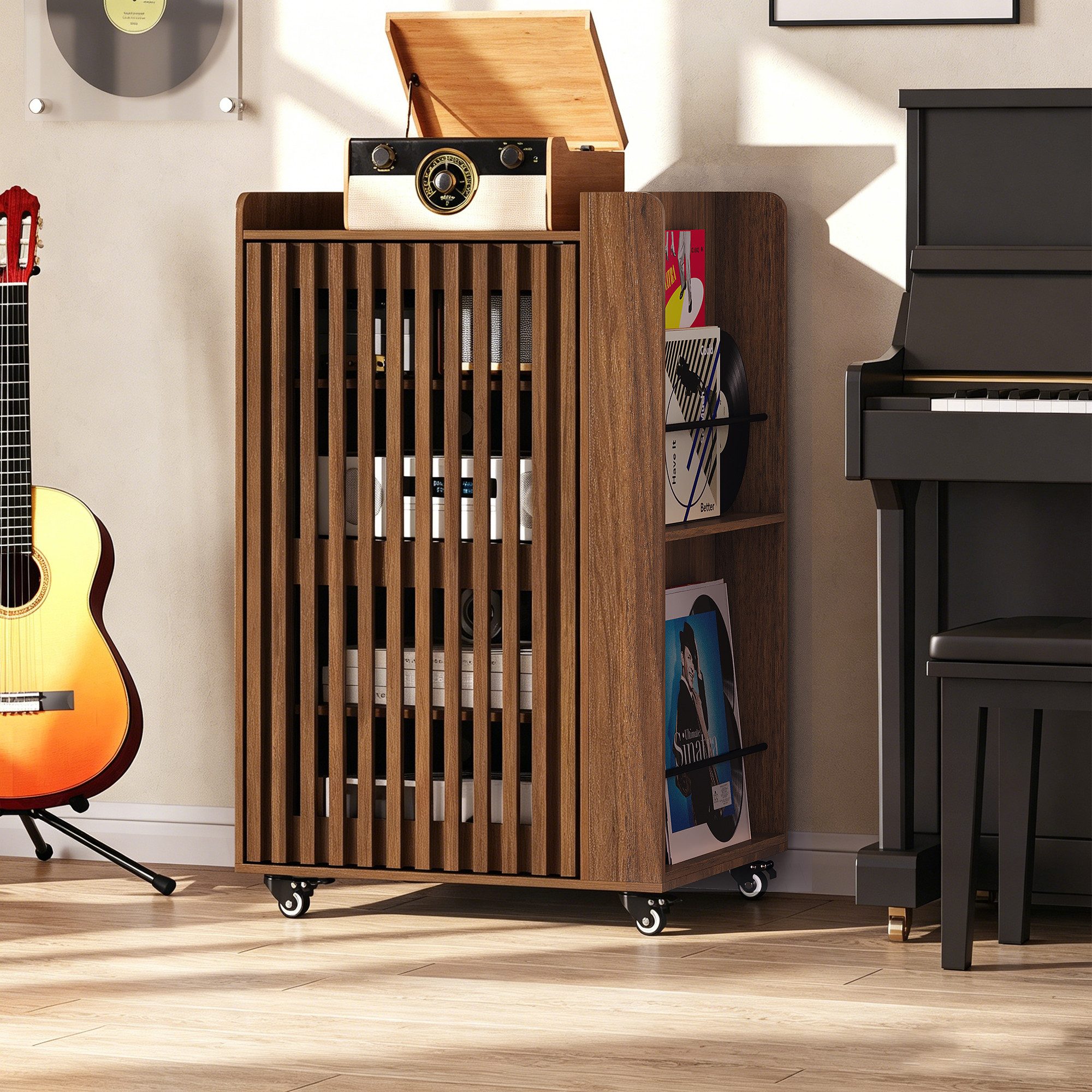 Hongsuny TV-Rack Mobiler Holz‑Plattenspielerständer mit Vinylaufbewahrung Lamellentür (1 St), Plattenspielerständer, Schallplatten Schrank, HiFi Rack