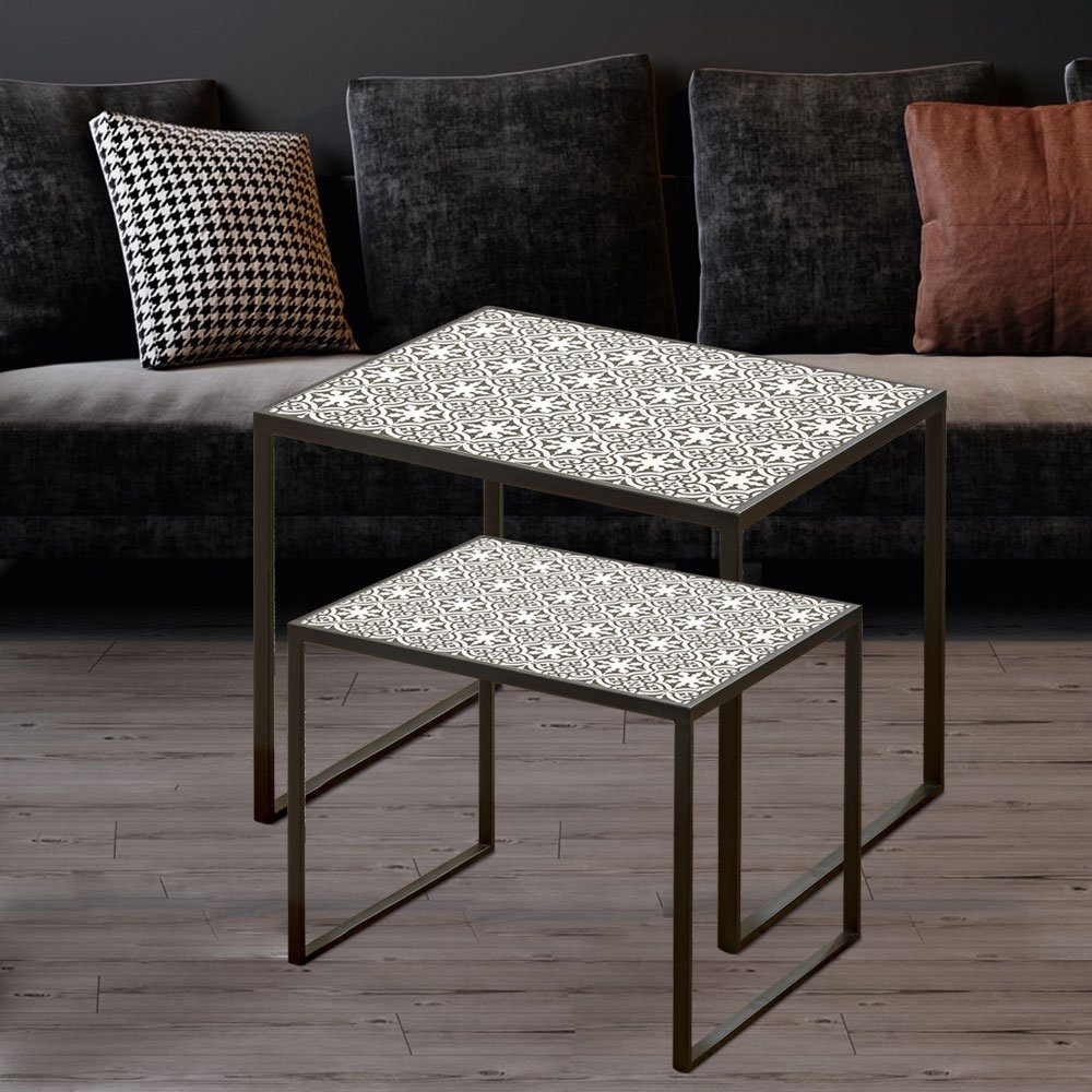 BOLTZE Beistelltisch, Beistelltisch Sofatisch Nachttisch Metall schwarz weiß Ornamente 2x | Ablagetische