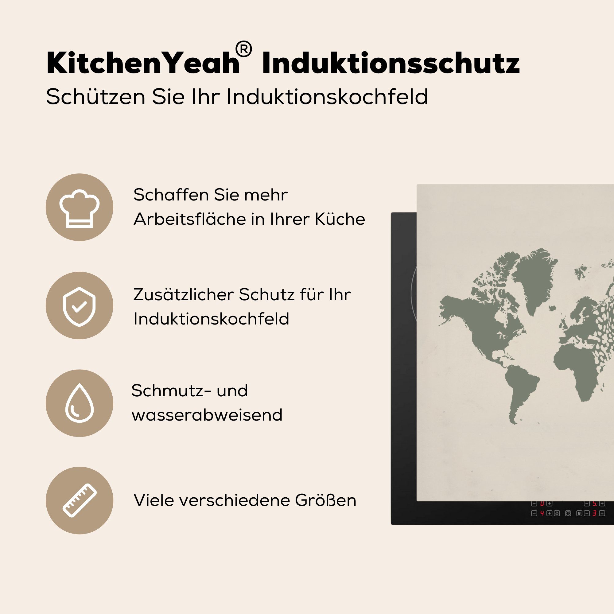 Panther, 78x78 küche Herdblende-/Abdeckplatte Vinyl, Grau - Weltkarte Arbeitsplatte für Ceranfeldabdeckung, MuchoWow cm, - (1 tlg),