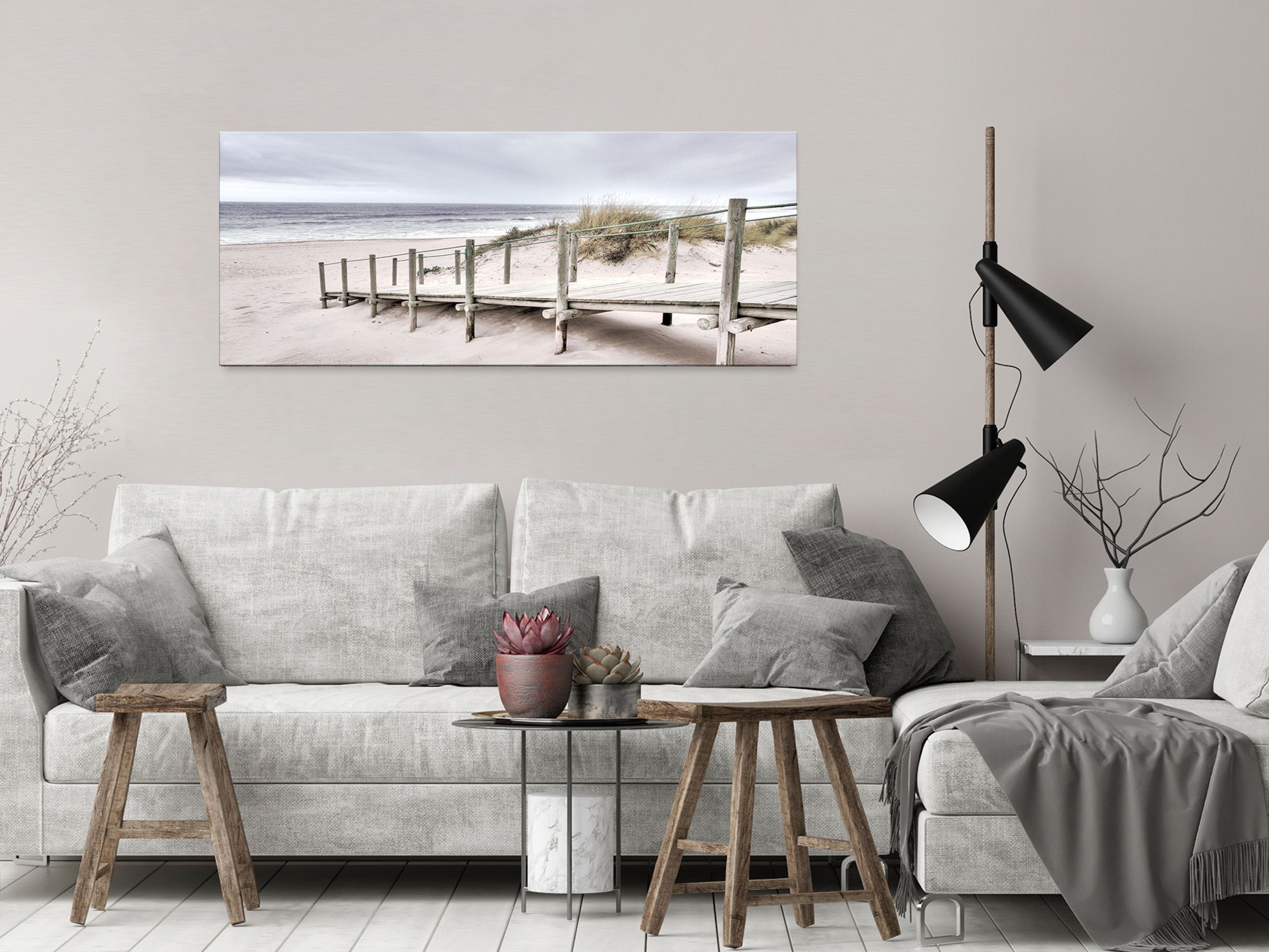 Holz-Steg Weg, groß Strand Glasbild 125x50 am Meer Meer cm Glasbild Wandbild Glas artissimo Strand-Landschaft: Bild aus XXL