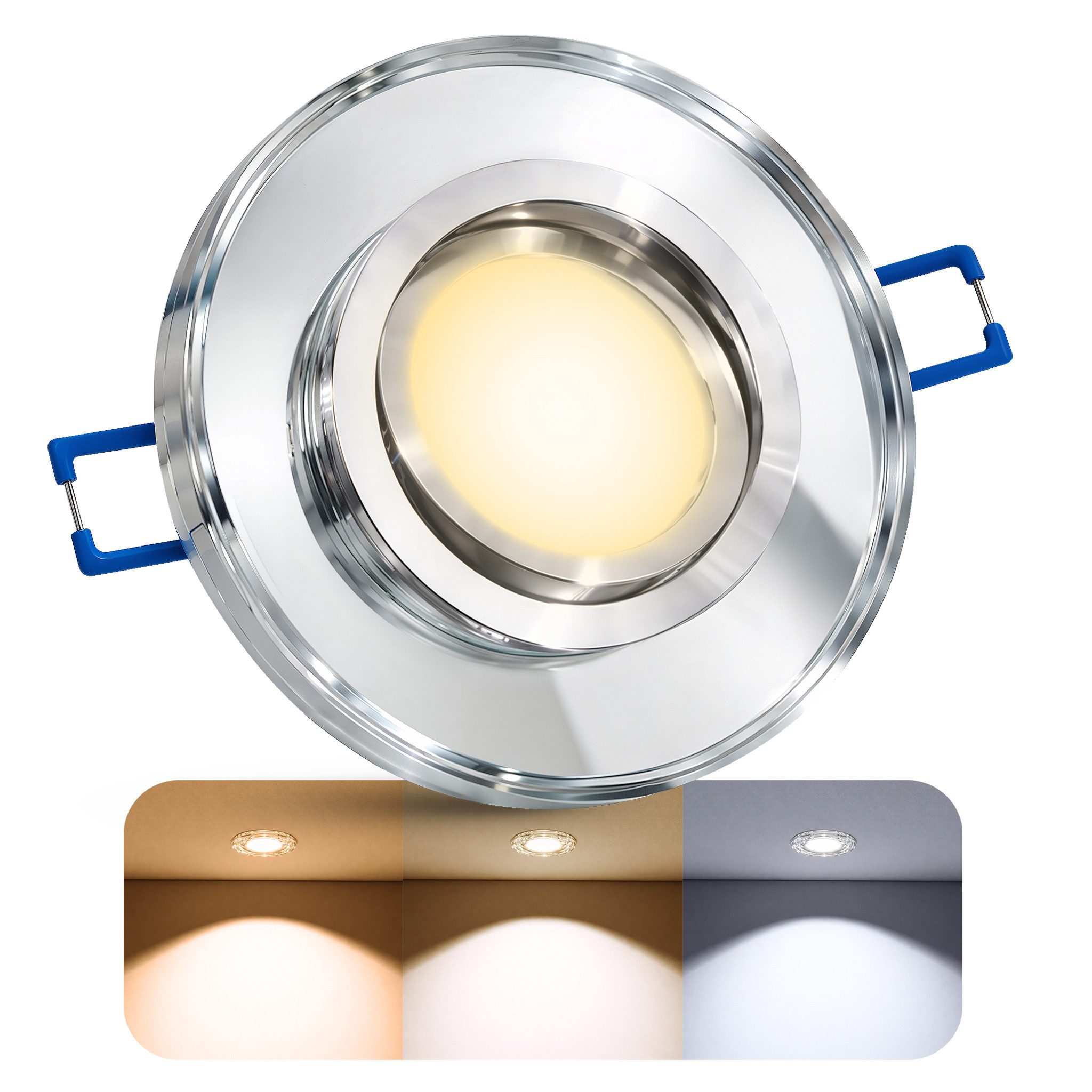 SSC-LUXon LED Aufbaustrahler MIRELLA Glas Einbauleuchte rund schwenkbar LED GU10 5W drei Lichtmodi, Tageslichtweiß, Warmweiß, Neutralweiß
