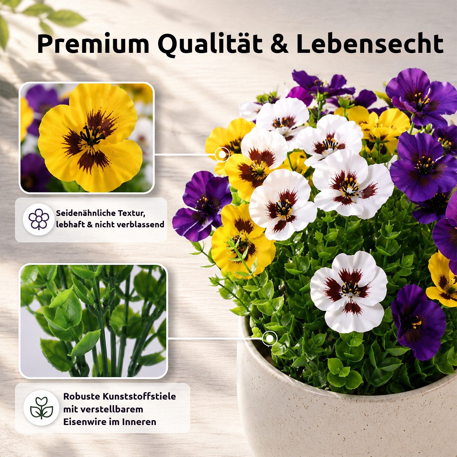Kunstblumenstrauß 12 Bündel künstliche Blumen wie echt, UV‑beständig, pflegeleicht Prunkwinde / Stiefmütterchen, BlingBin, Höhe 35 cm, Kunstpflanzen für Außenbereich, Balkon und Balkonkasten