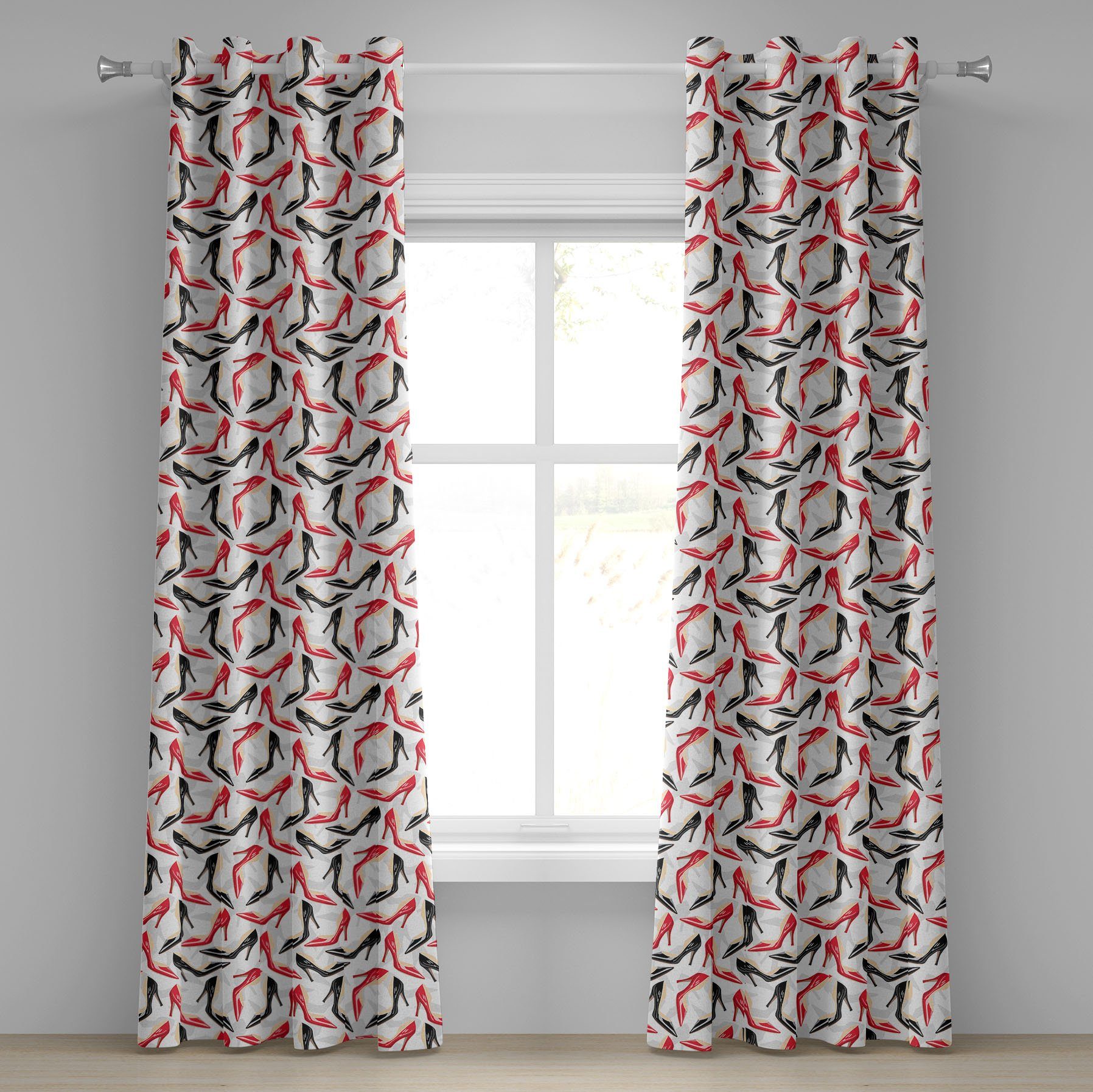 Gardine Dekorative 2-Panel-Fenstervorhänge für Schlafzimmer Wohnzimmer, Abakuhaus, Rot und Schwarz Stiletto-Schuhe