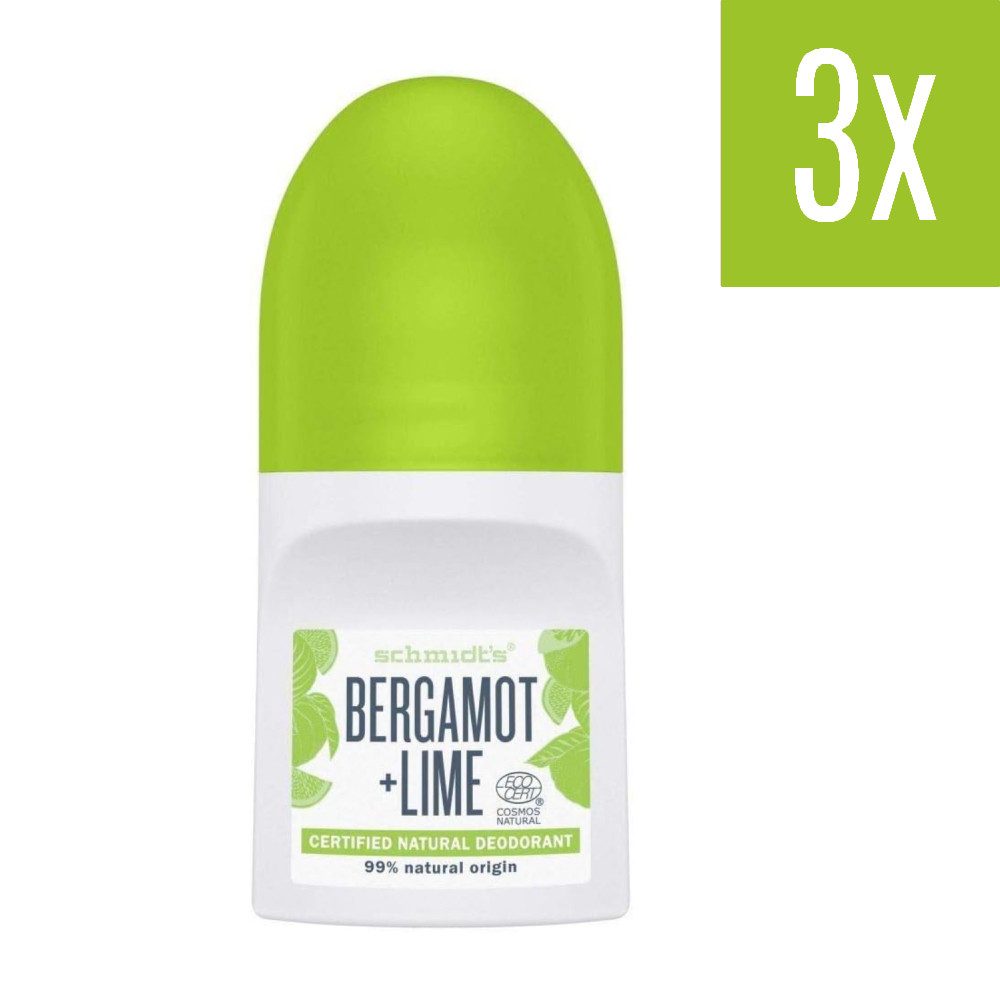 SCHMIDT'S Deo-Roller Natürliches Deodorant Roll-On Bergamot + Lime 50ml - 3erPack, 3-tlg.
