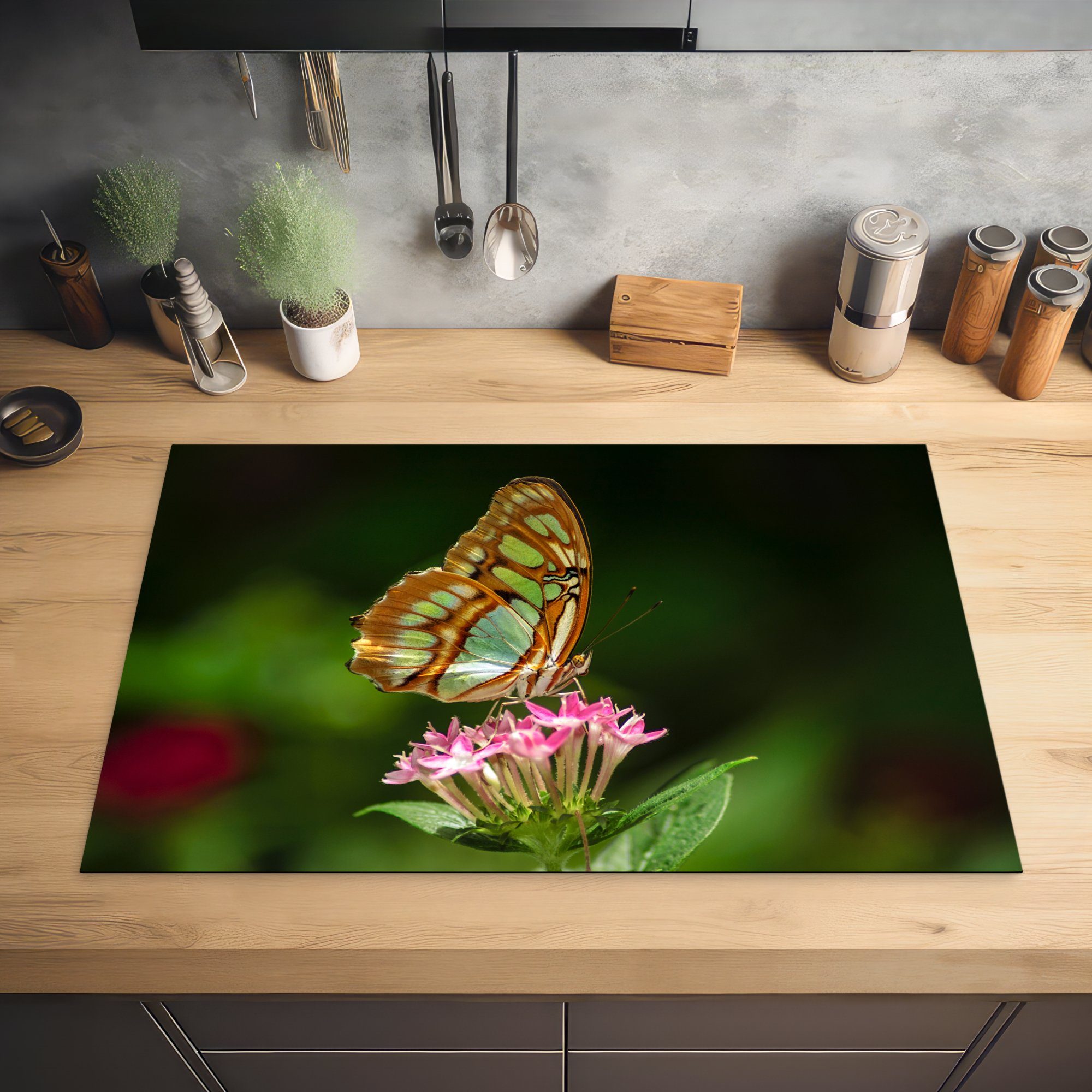 MuchoWow Herdblende-/Abdeckplatte Schmetterling - Blume Induktionskochfeld Farben, 81x52 - cm, Vinyl, küche, (1 Schutz die für Ceranfeldabdeckung tlg)