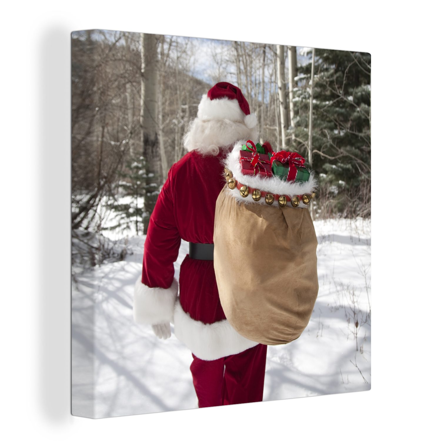 OneMillionCanvasses® Leinwandbild Der Weihnachtsmann geht mit einem Sack voller Weihnachtsgeschenke, (1 St), Leinwand Bilder für Wohnzimmer Schlafzimmer