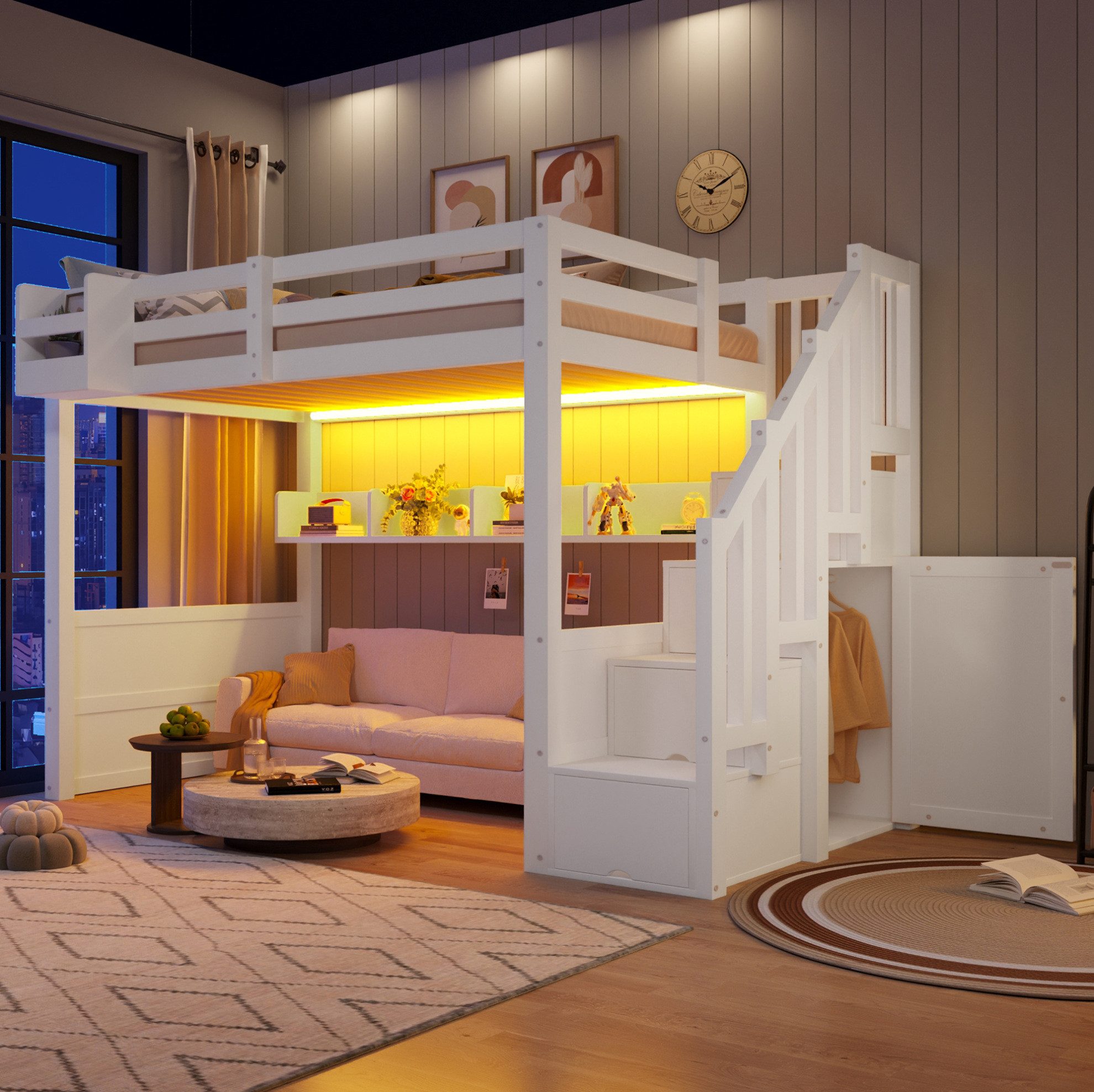 MODFU Hochbett Schlafplatz mit Treppe, Schrankelementen und viel Stauraum (Packung, 2-St., Robustes Holzgestell für platzsparende Raumgestaltung) 90x200 Kinderbett Weiß aus Holz mit LED Beleuchtung mit Matratze