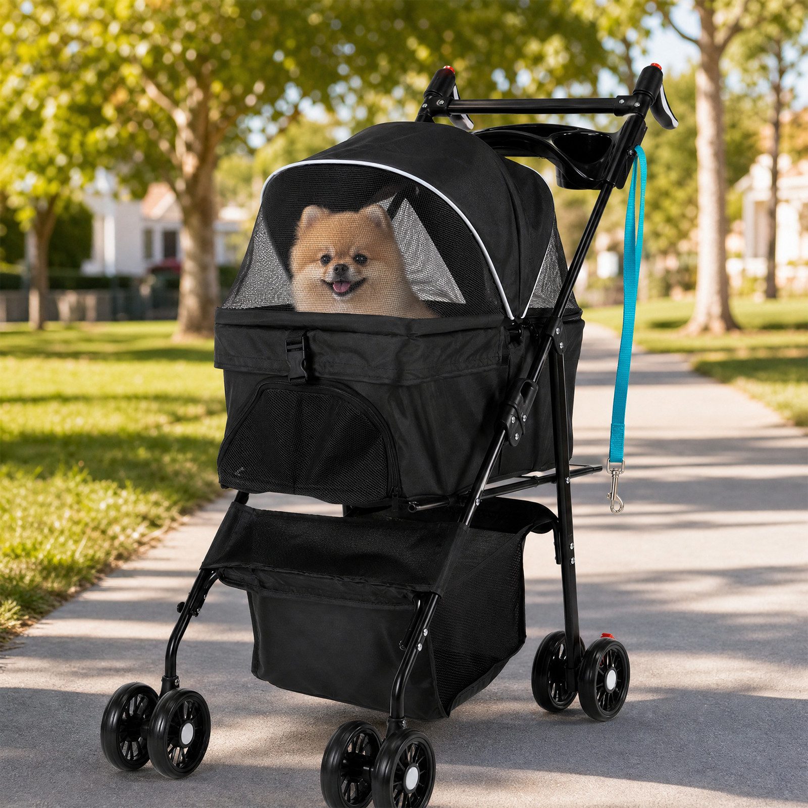 oyajia Hundebuggy mit Netzfenstern, Getränkbehalter, Aufbewahrungskorb, (klappbar Hundewagen, 1-tlg), mit Gitternetz, bis 20 kg