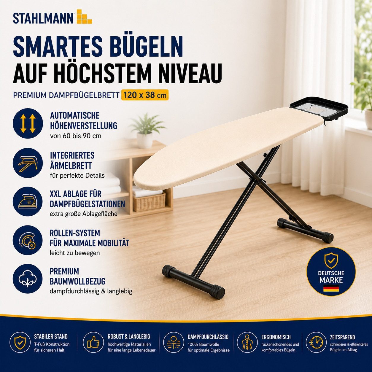 STAHLMANN COMMERCE GmbH Bügelbrett Scorpio Oval [120 × 38 cm], Made in EU, TestCheck 1,1, Mesh, Bügelfläche 120x45 cm, Made in EU · Oval · TestCheck 1,1 SEHR GUT