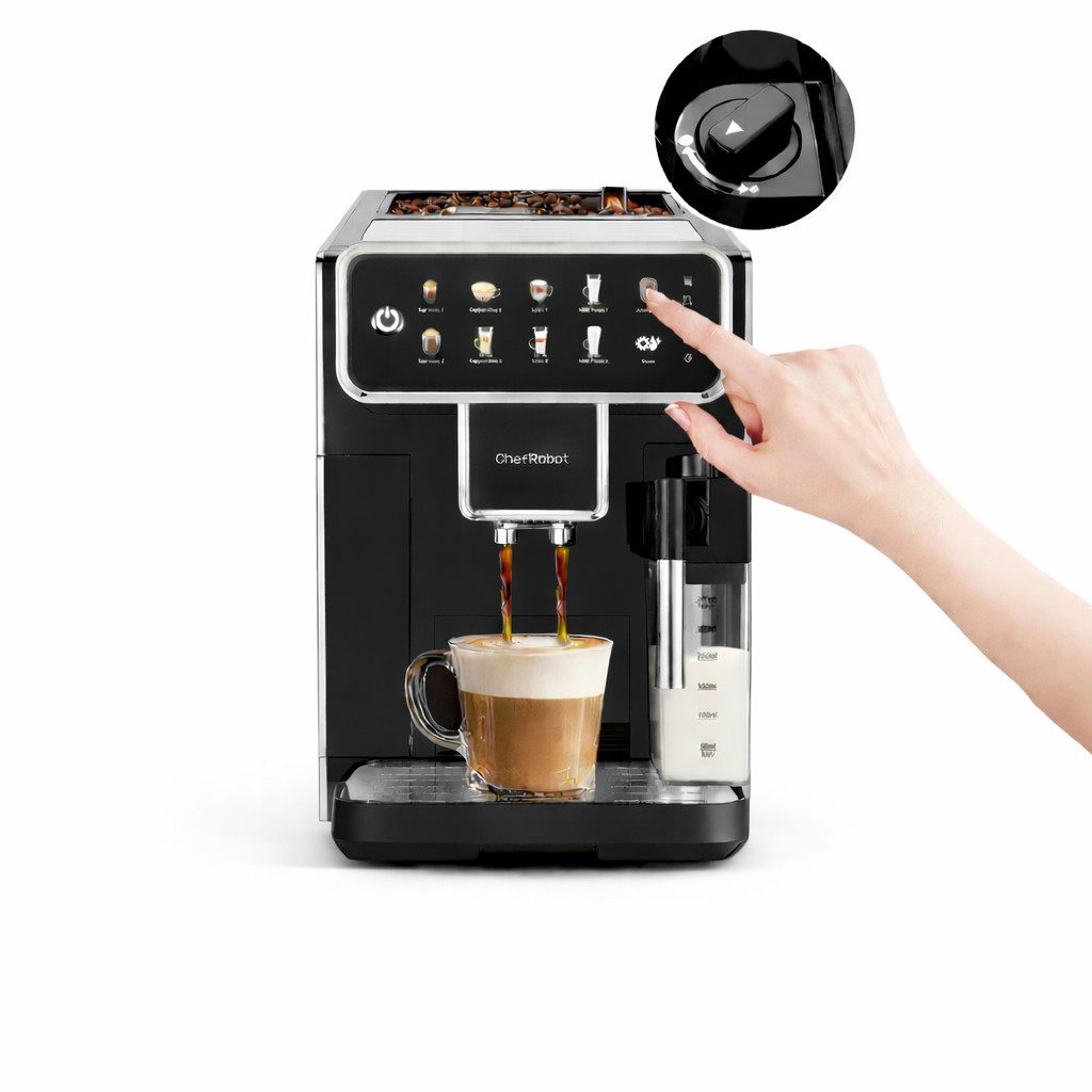 ChefRobot Espressomaschine AM7203 für Espresso, Cappuccino, Latte und Americano, Mit Selbstreinigungsfunktion, 4-stufigem Mahlgrad und Touchscreen