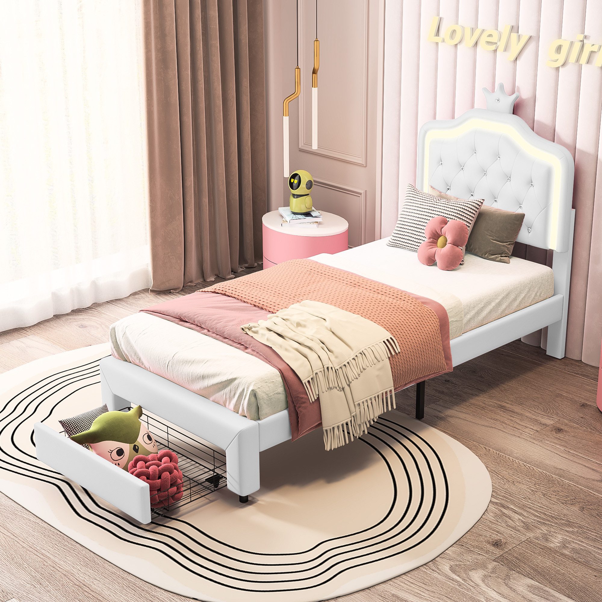 ADWOLT Einzelbett Polsterbett Kinderbett 90x200cm mit LED-Beleuchtung, mit Höhenverstellbarem Kopfteil,Kunstleder,Weiß