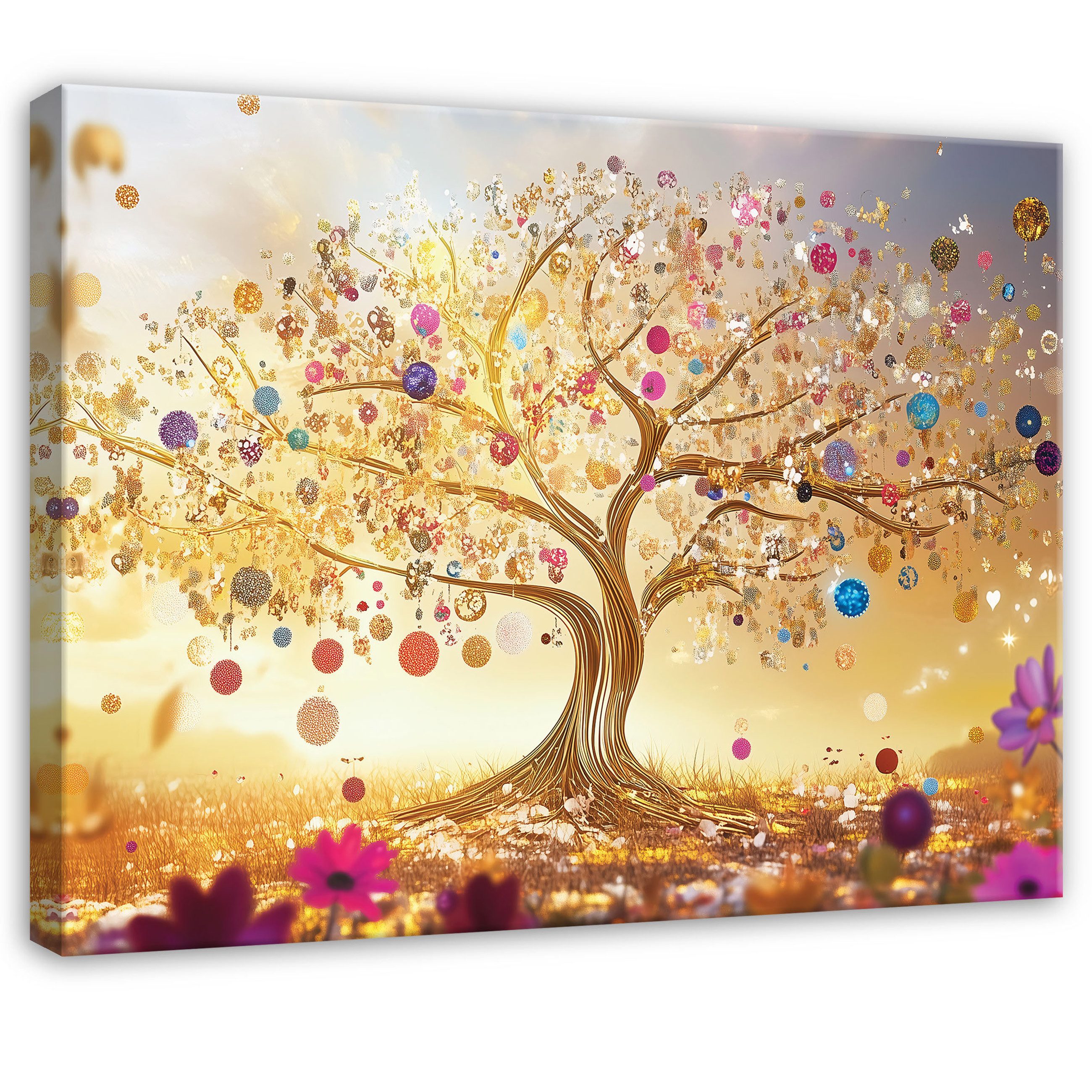 Wallarena Leinwandbild Abstrakt Bunt Baum Gold Modern Wandbilder Wand Deko XXL Bilder, Abstrakt - Baum (groß Bilder Wohnzimmer Schlafzimmer Einteilig, 1 St), Wand Deko Wohnzimmer Badezimmer Küche Leinwandbild Bilder Modern 60x40