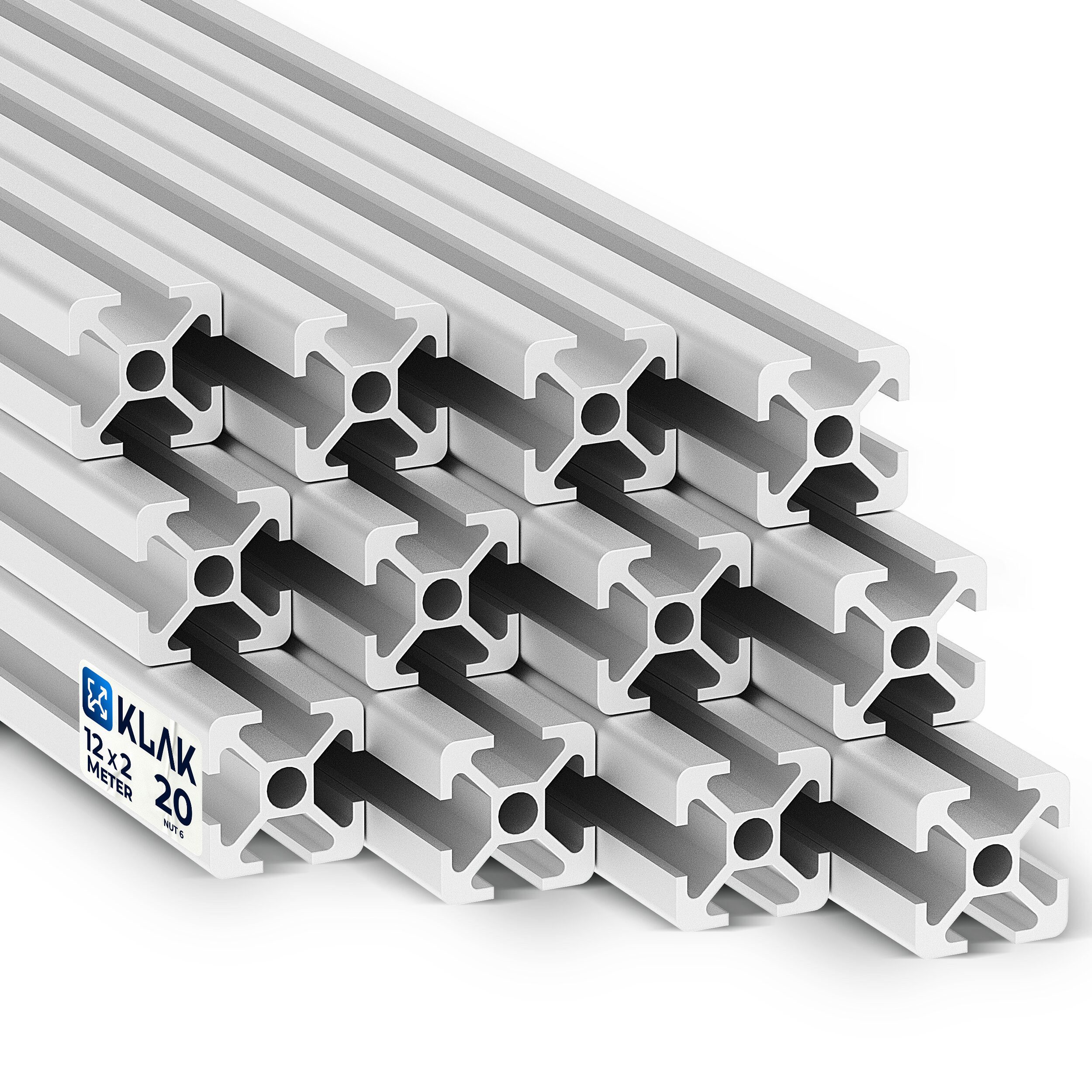 KLAK Profil KLAK 20 - 12x Aluprofil 20x20mm 2m System-, Montageprofil Typ-I Nut 6 (Set, KLAK 20)