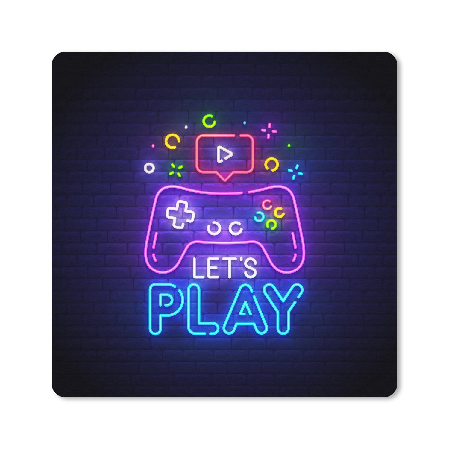 MuchoWow Gaming Mauspad Spiele - Neon - Let's Play - Controller - Zitate (1-St), Gaming, Rutschfester Unterseite, Mausunterlage, 80x80 cm, XXL, Großes