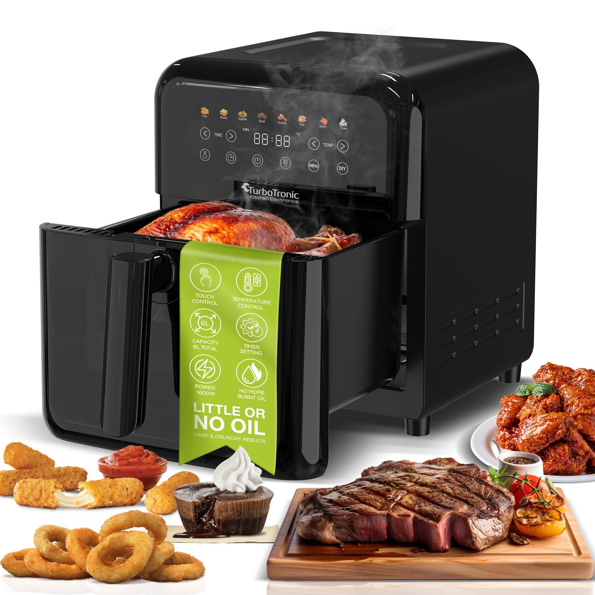 TurboTronic by Z-Line Heißluftfritteuse Digitaler Airfryer 6 Programme gesund kochen ohne Öl Grillfunktion, 1600 W, 360 Grad Rapid-Air, Auftaufunktion, Knusperrost und Abschaltautomatik
