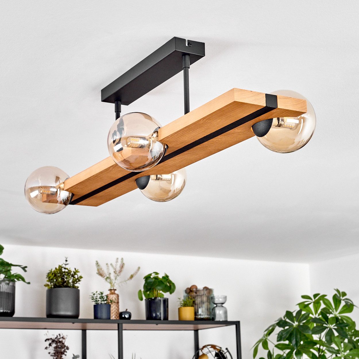 hofstein Deckenleuchte Deckenlampe aus Metall/Holz/Riffelglas in günstig online kaufen