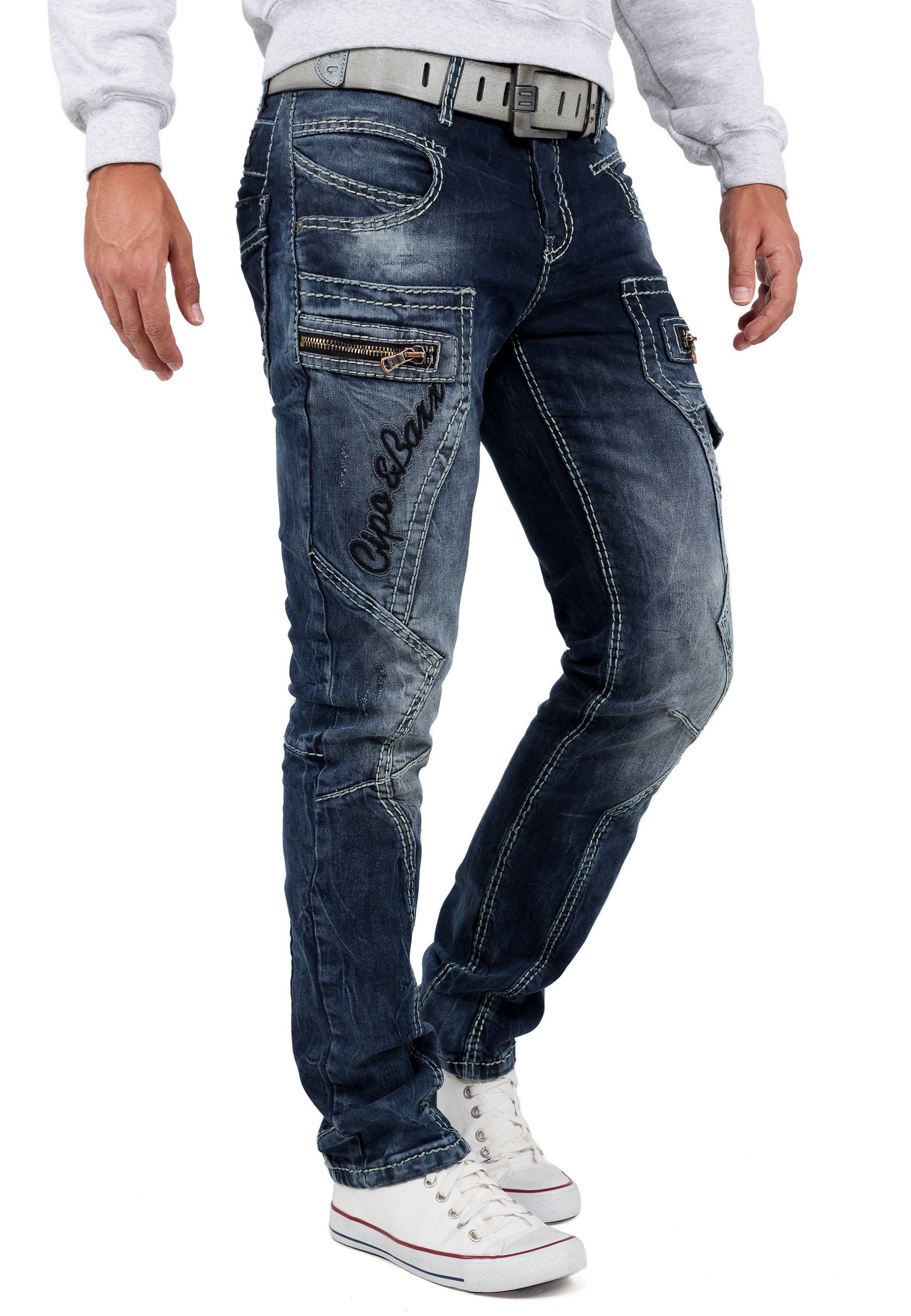 blau Schriftzügen Orange Jeans Hose mit mit 5-Pocket-Jeans Cipo BA-CD296 in & Seitentaschen Baxx zusätlich und