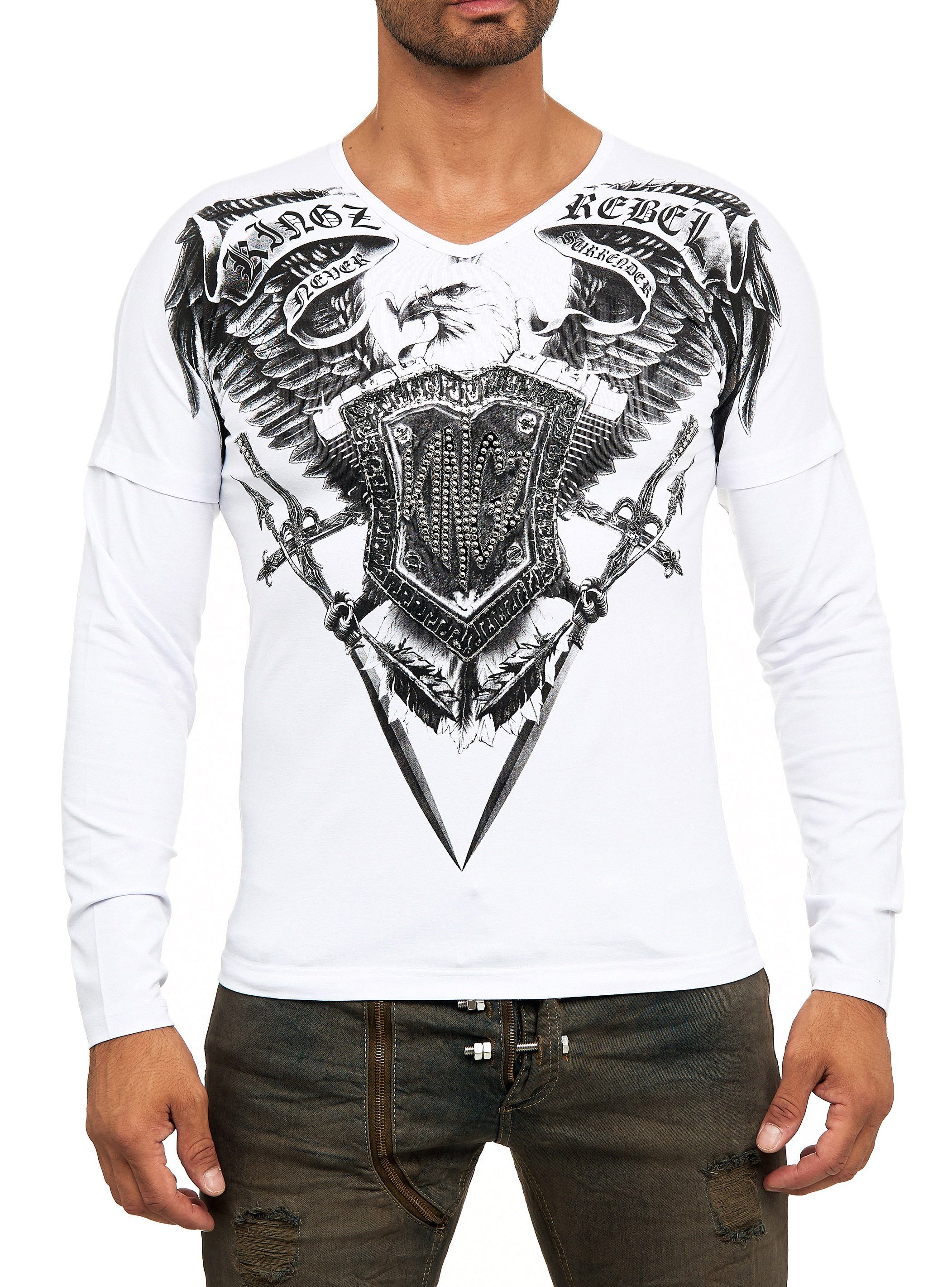KINGZ Langarmshirt in Body-Fit mit Adler-Motiv weiß-silberfarben