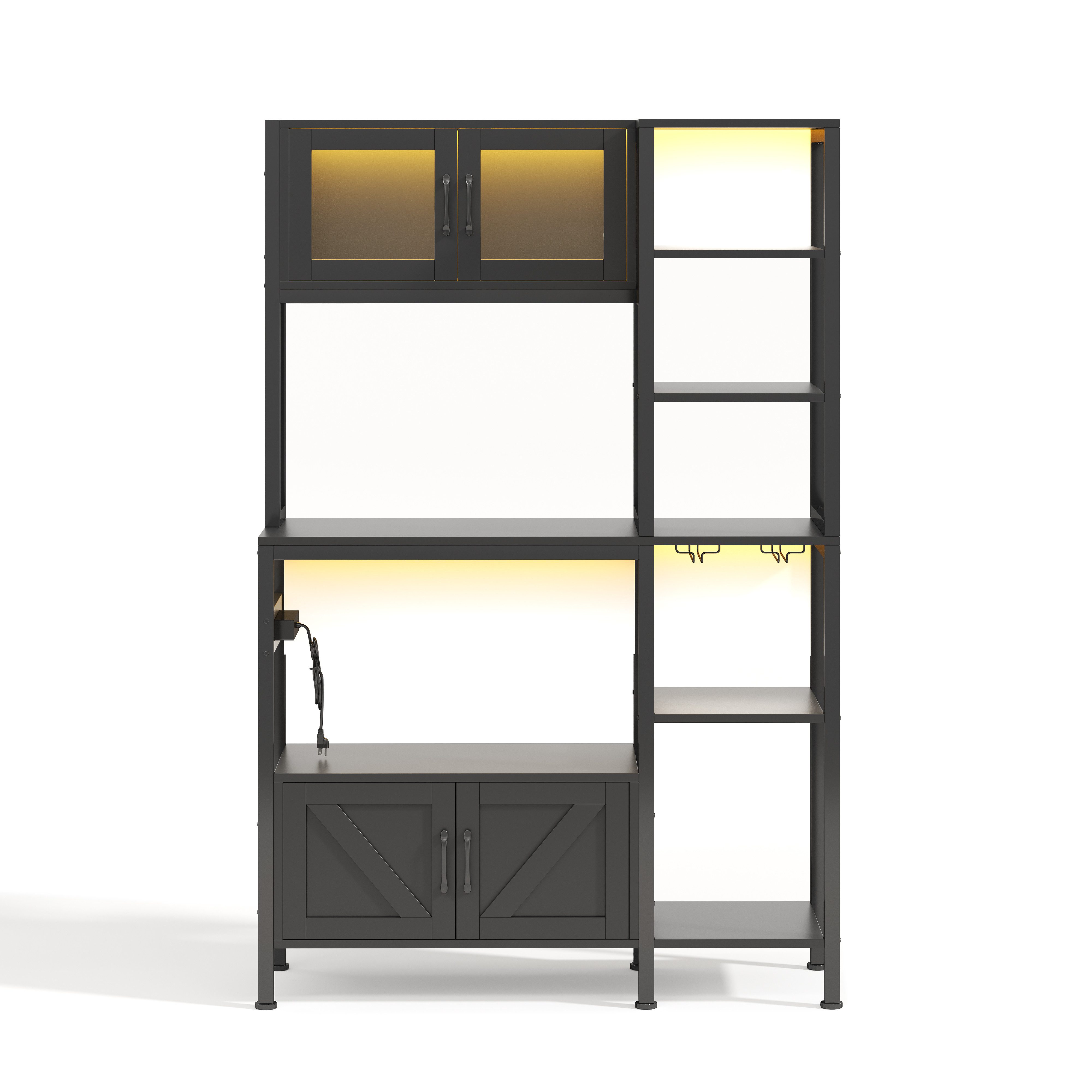 Flieks Standregal Küchenregal mit Steckdose, LED-Beleuchtung, Gläserhalter und Glastüren, 115x40x180 cm 1-tlg., Küchenbuffet Bücherregal Hochschrank Schwarz, Stahlrahmen