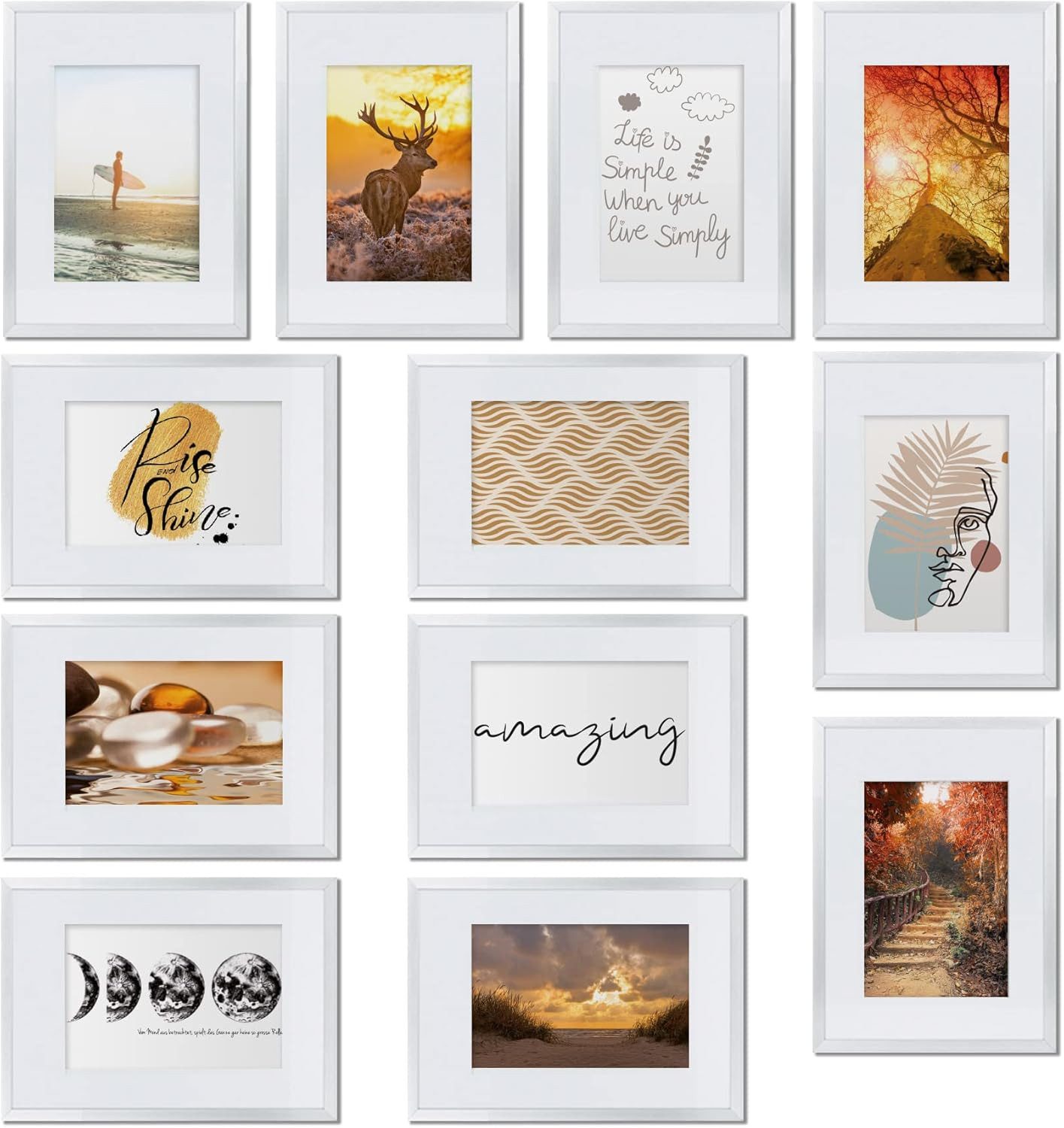 bomoe Bilderrahmen 12er Bilderrahmen Set Sunlight, 13x18cm, Weiß, Fotorahmen Collage Fotowand Bilderrahmen mit Passepartout & Aufsteller