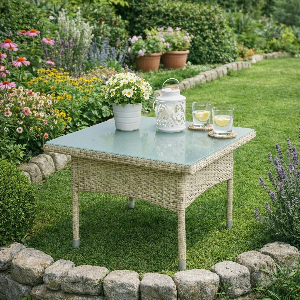 ESTEXO Gartentisch Beistelltisch Tisch Polyrattan Rattantisch Rattan Balkontisch Beige