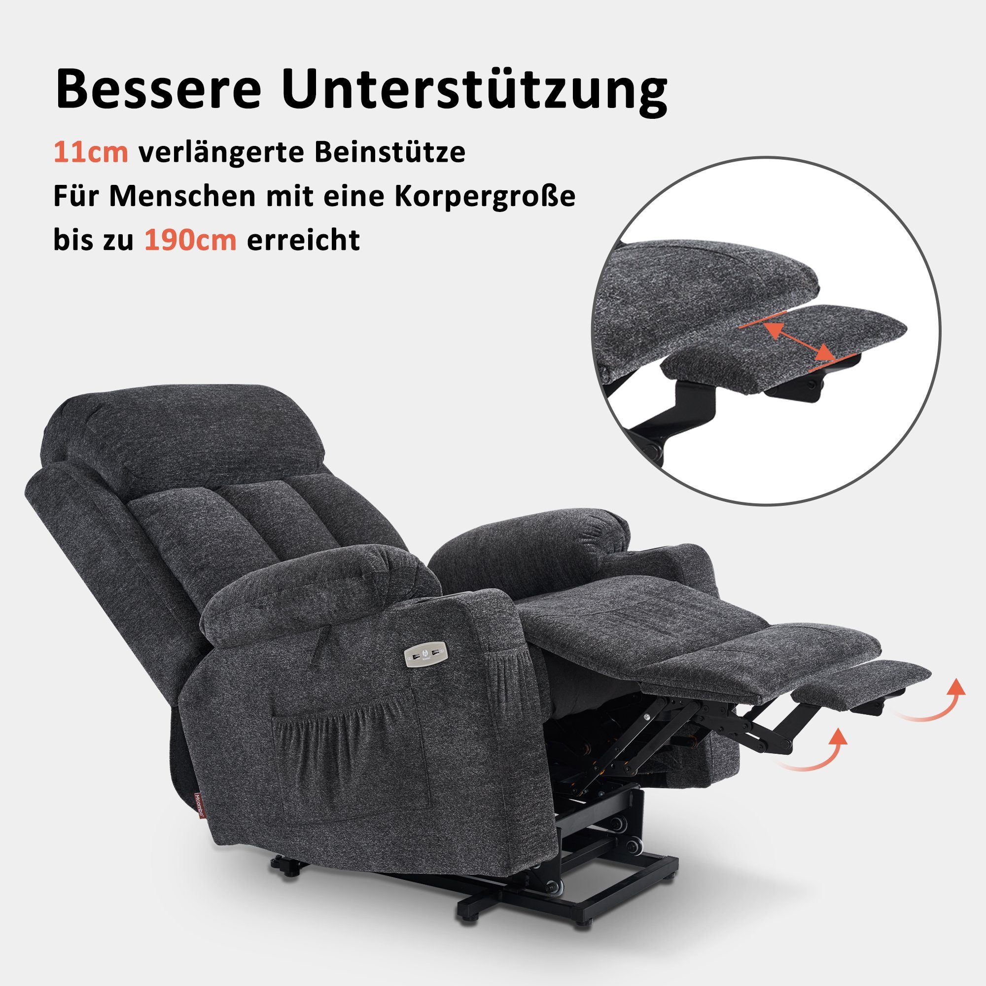 MCombo Relaxsessel MCombo elektrische Aufstehhilfe Fernsehsessel Relaxsessel 7190, motorisch verstellbar, Leder, Schwarz, 100 x 86 x 112 cm – Bild 4 von 5