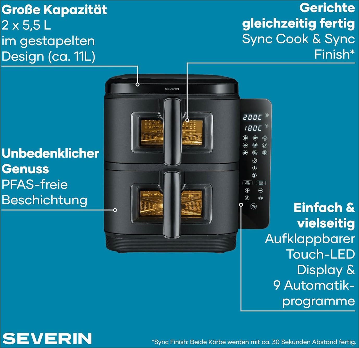 Severin Heißluftfritteuse FR 2468, 2800 W, 2 Kammern, XXL-Doppelstock Airfryer, 11l, schwarz, Touchbedienung