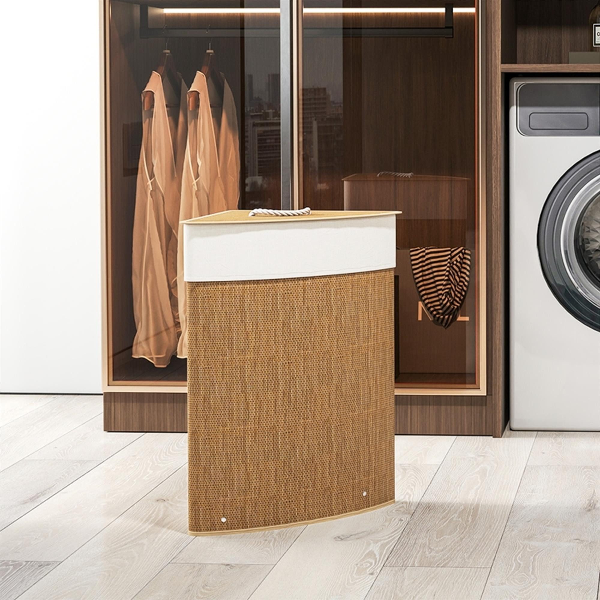 ibettertec Wäschekorb Bambus Wäschekorb mit Deckel 55L, Eck Wäschesammler (mit herausnehmbarem Sack, für Bad & Waschküche) – Bild 4 von 5