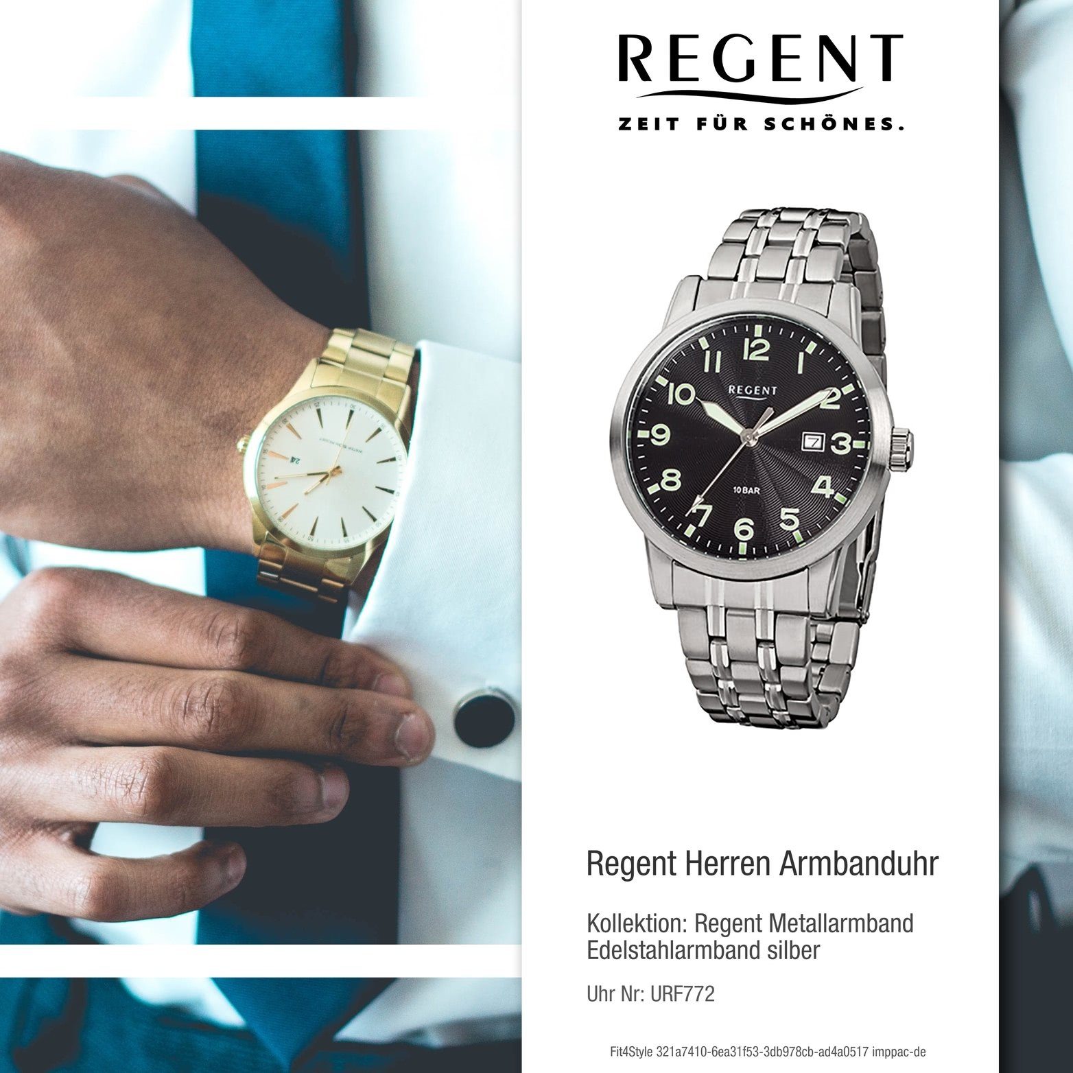Regent Quarzuhr, Herrenuhr Quarzuhr Uhr groß Gehäuse, silber, F-772 (ca. rundes Stahl Edelstahlarmband 42mm) Regent Herren