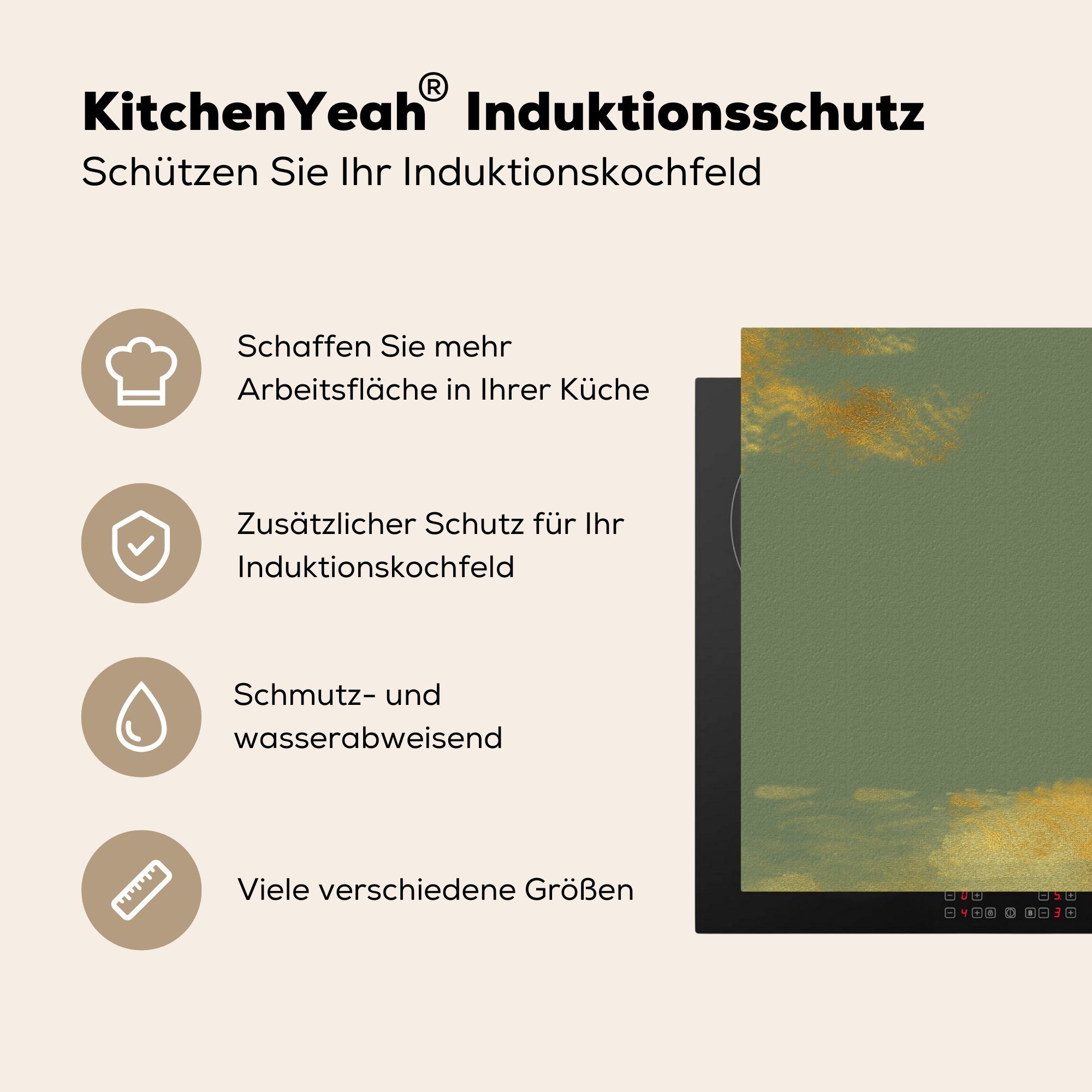 Gold Herdblende-/Abdeckplatte Ceranfeldabdeckung - - Vinyl, 81x52 küche, tlg), Induktionskochfeld Schutz Farbe Muster Grün, cm, die für MuchoWow - (1
