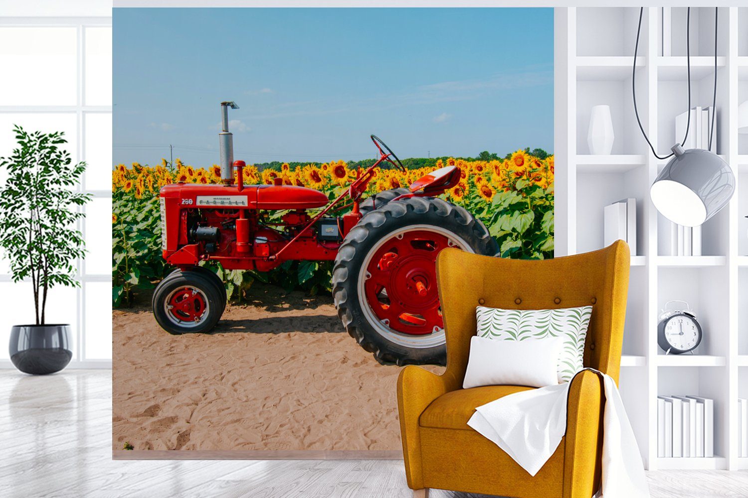 Wohnzimmer - St), Bauernhof Matt, - MuchoWow Blumen, Schlafzimmer Küche, Traktor Fototapete - Sonnenblume (4 bedruckt, für - Fototapete Rot Vliestapete