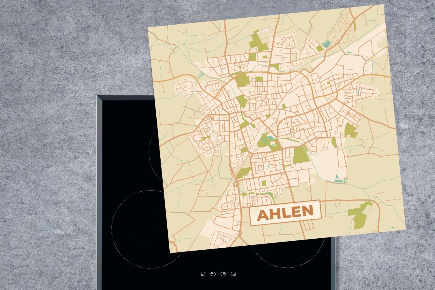 Karte Ceranfeldabdeckung, Vintage für Vinyl, - tlg), (1 cm, Arbeitsplatte Stadtplan, MuchoWow 78x78 küche - Ahlen Herdblende-/Abdeckplatte -