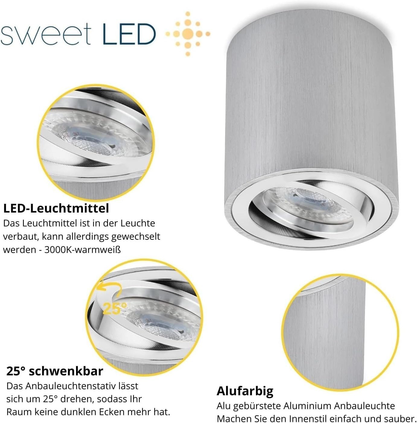 Sweet LED LED Deckenspots GU10 7W Aufbaustrahler 3000K warmweiß 530lm, schwenkbar, Leuchtmittel wechselbar, warmweiß, Deckenaufbauleuchte, Aufbaustrahler, Deckenspot