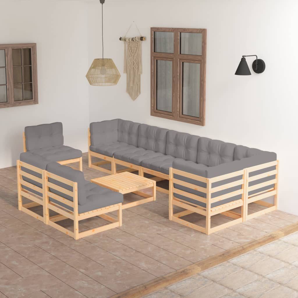 vidaXL Gartenlounge-Set 10-tlg. Garten-Lounge-Set mit Kissen Massivholz Kiefer, (1-tlg) Natur