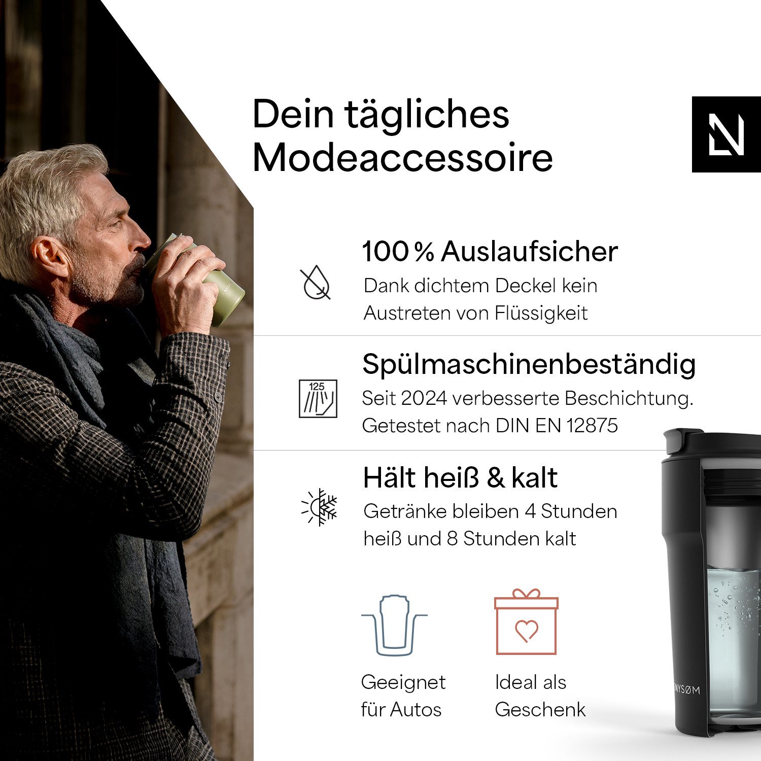 LARS NYSØM Thermobecher Bevægelse, 1-tlg., Thermobecher mit Vakuum Isolierung: 4h heiß / 8h kühl