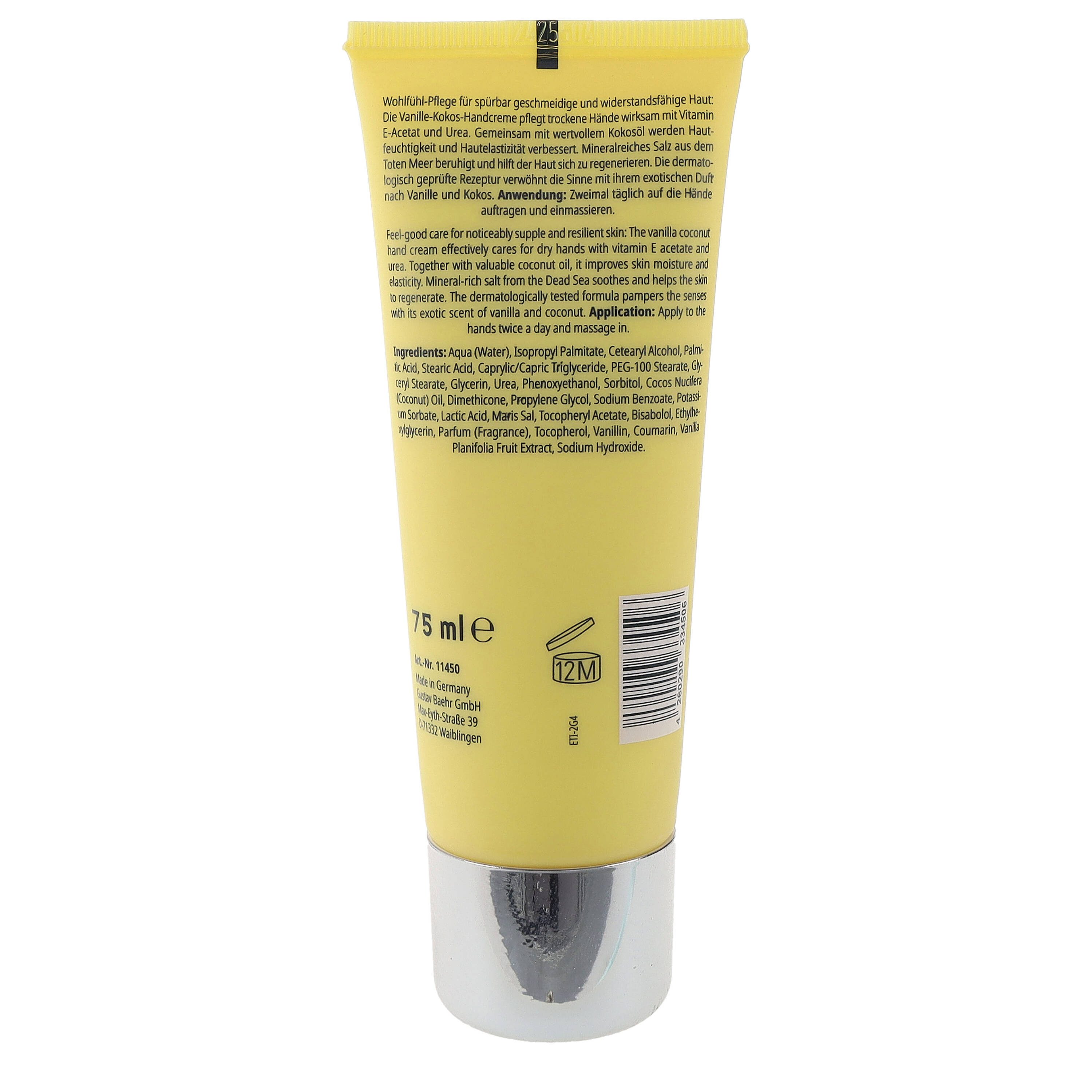 BAEHR BEAUTY CONCEPT Handcreme Baehr Beauty Concept Vanille-Kokos Handcreme 75ml exotischer Duft, 1-tlg., Urea, Vitamin E, Kokosöl & Totes Meer Salz pflegen intensiv