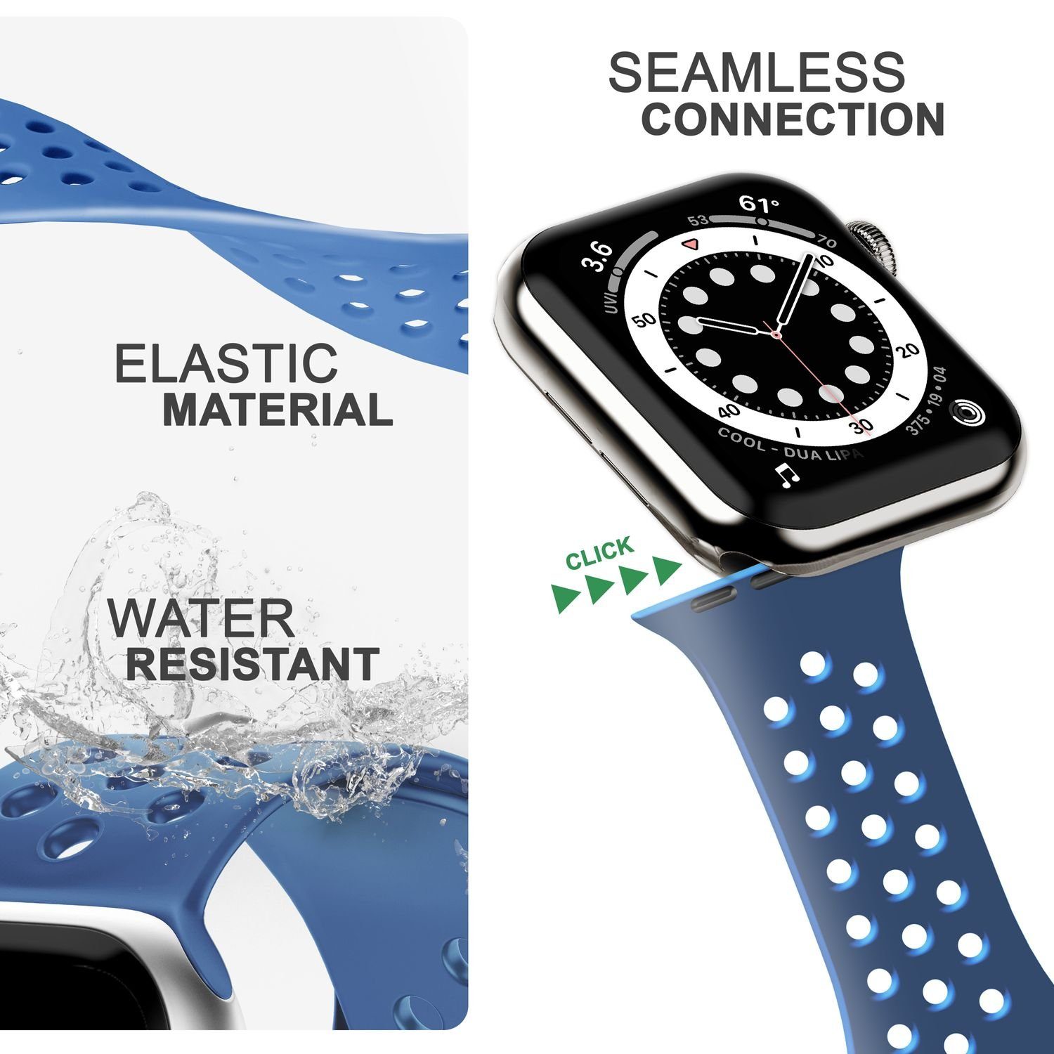 Nalia Smartwatch-Armband Apple Uhr Silikon Watch Gelochtes für Atmungsaktiv Fitness Blau Ersatzband 38mm/40mm/41mm, / Sport 