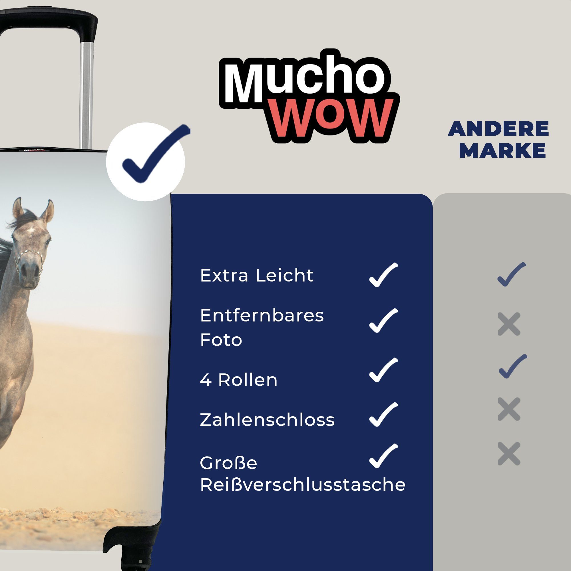 MuchoWow Handgepäckkoffer Rollen, für Reisekoffer Handgepäck Ferien, 4 Sand Reisetasche rollen, mit Wüste, - - Pferd Trolley