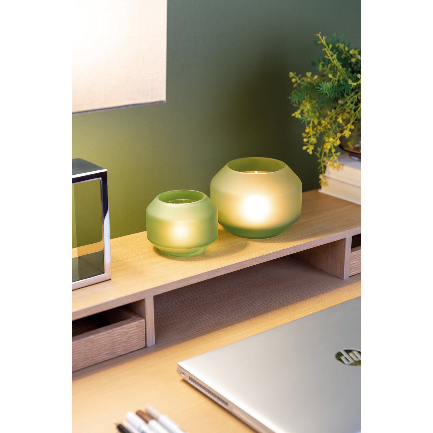 foliert - Vase - - / H.12cm 15cm, EILEEN Teelichthalter x mundgeblasen Fink Glas grün - Ø außen Teelichthalter