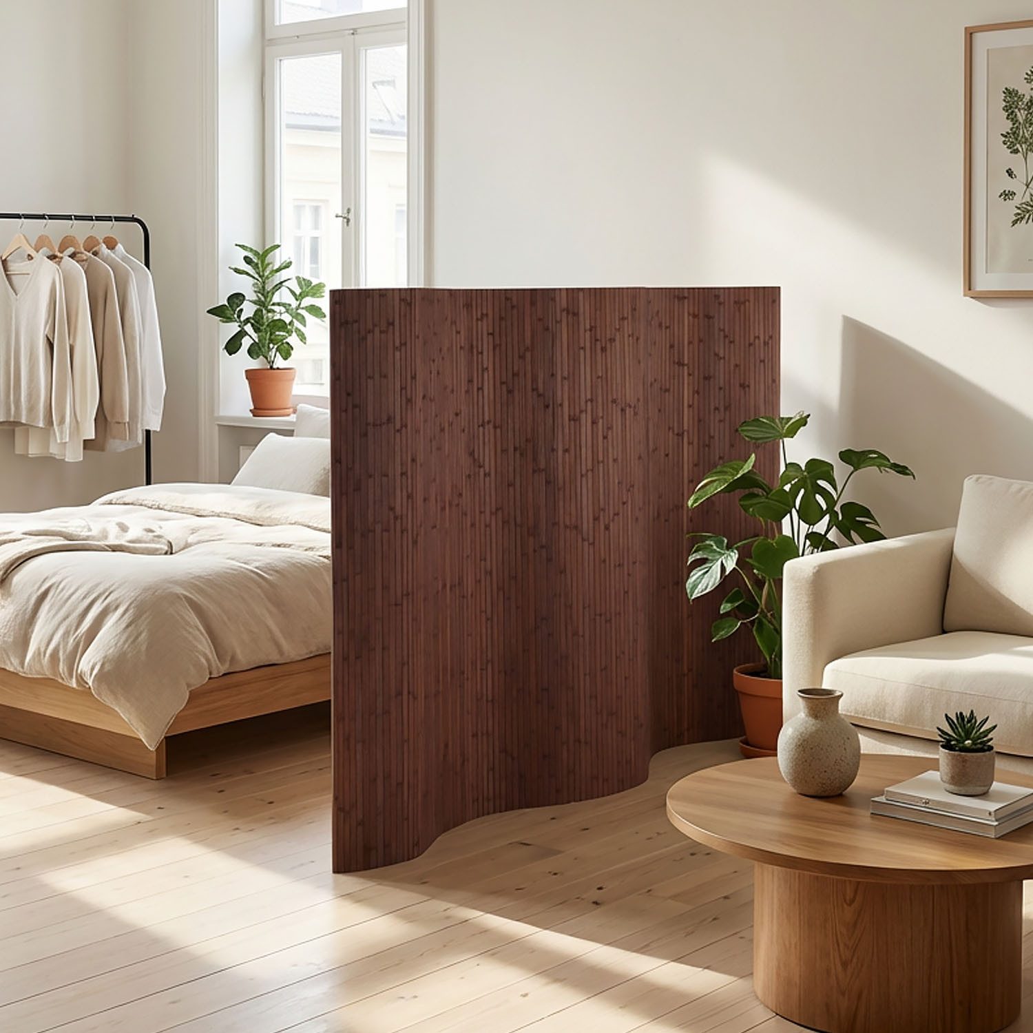 Homestyle4u Paravent Raumteiler Indoor Holz Trennwand Bambus Sichtschutz 145x200 195x200 (1 St), Walnuss, Faltwand