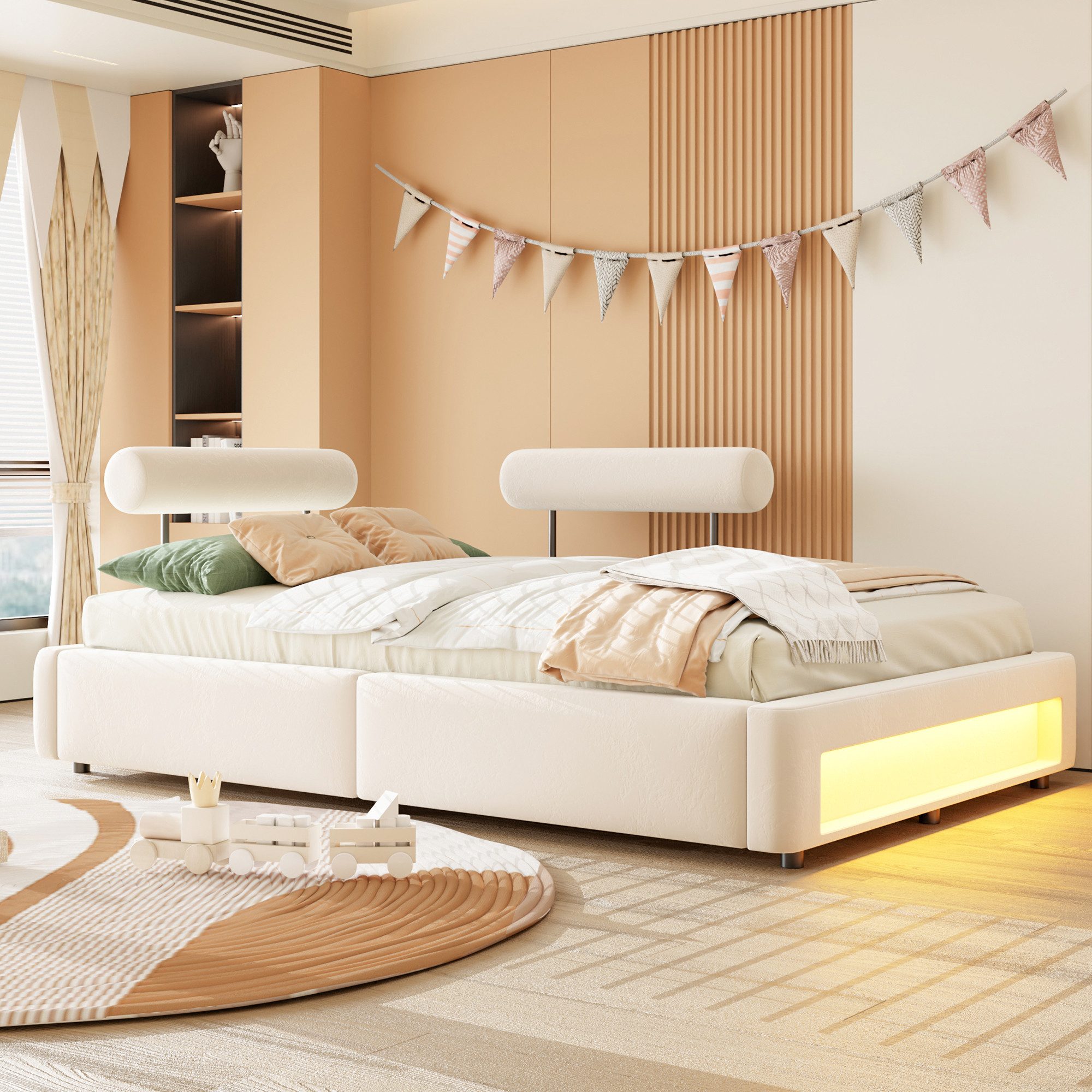 Merax Daybett mit LED-Beleuchtung am Fußende, Tagesbett mit abgerundeten Bettkanten (Plattformbett Jugendbett Sofabett Kinderbett, 1 tlg), Polsterbett 140x200cm mit 4-fach verstellbaren Rückenlehnen, Samt