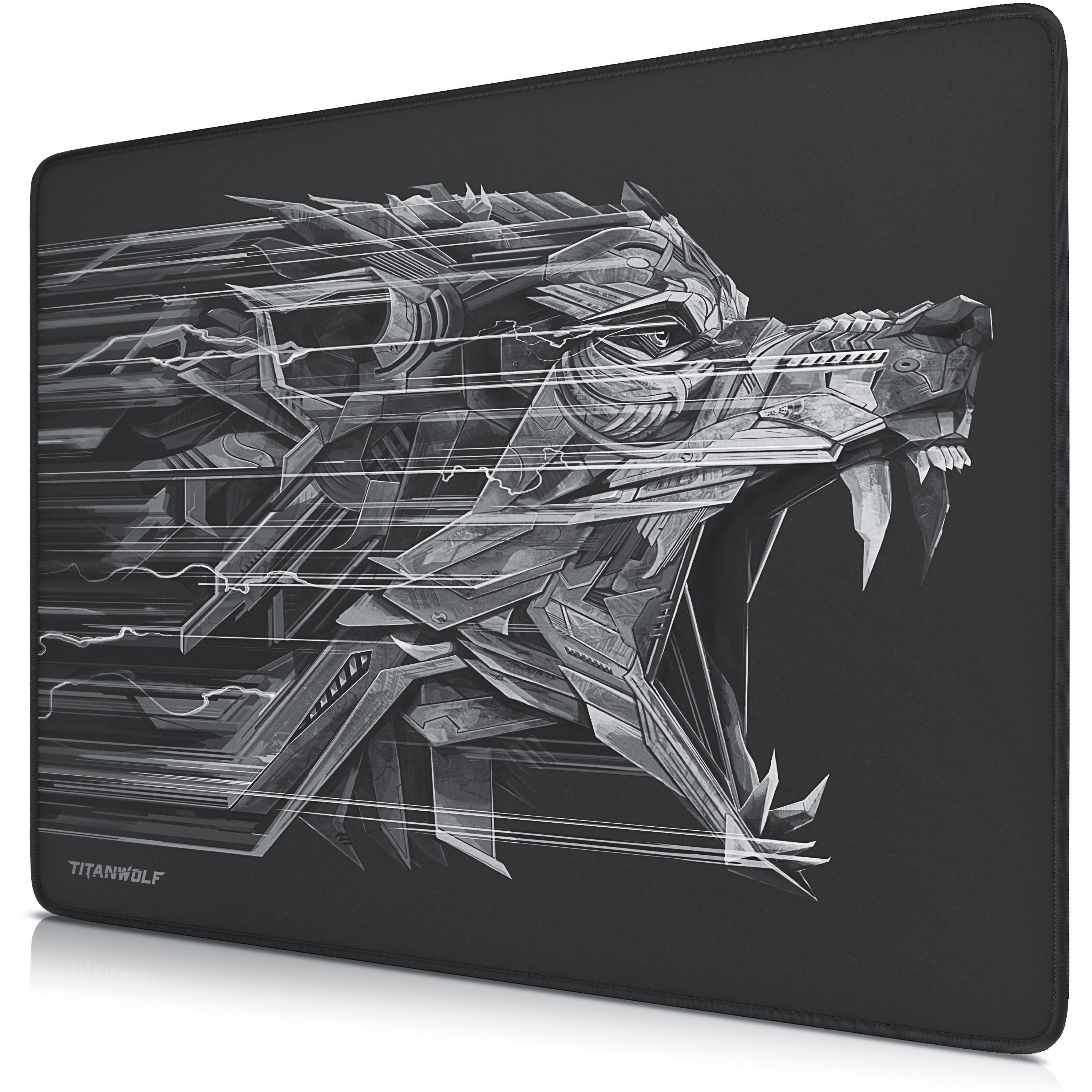 Titanwolf Gaming Mauspad XL Speed Mousepad 440 x 350 x 3 mm, Tischunterlage, strapazierfähig (1-St), rutschfest, abwaschbar, Geschwindigkeit & Präzision, Wolfsmotiv