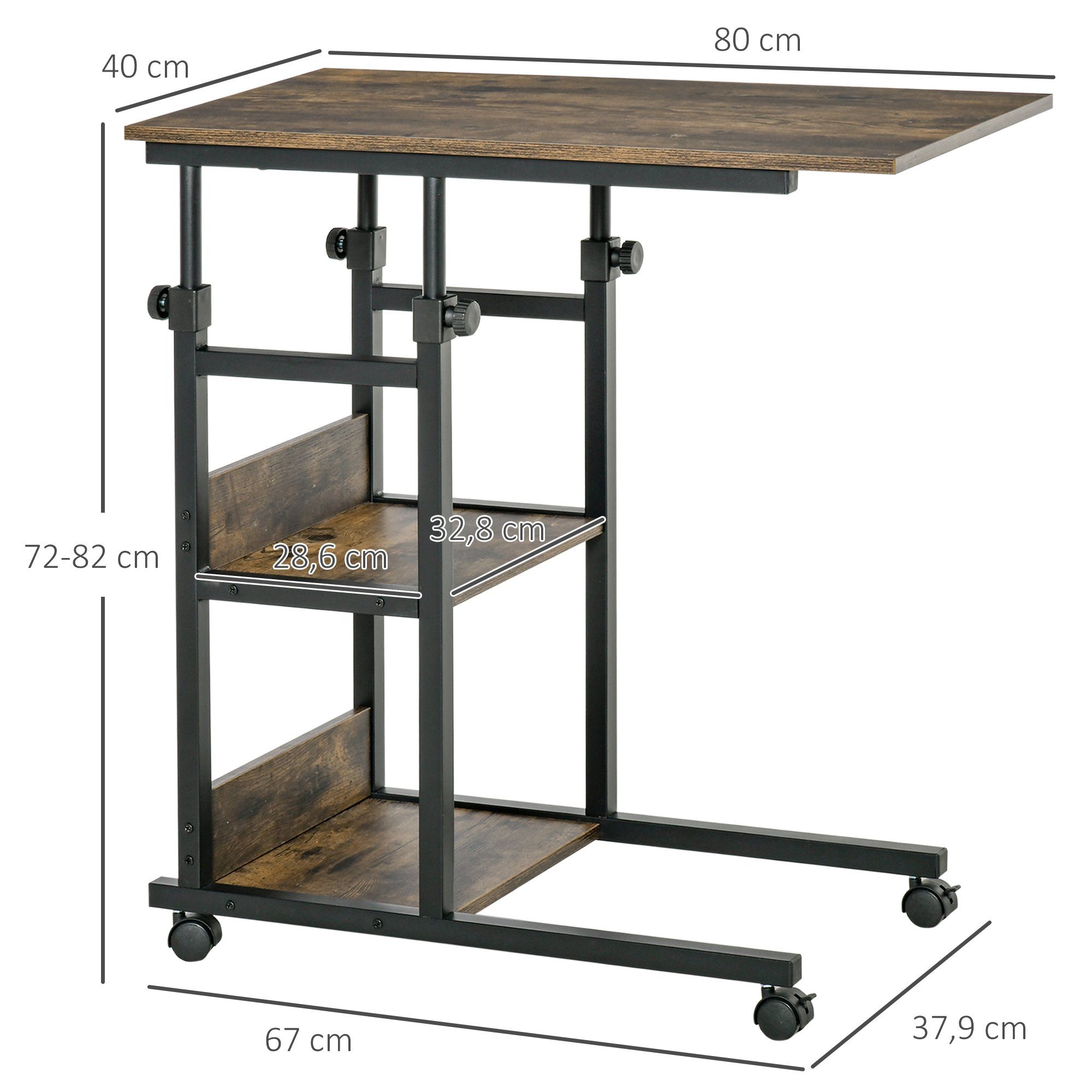 HOMCOM Beistelltisch Couchtisch mit Rollen, Schreibtisch mit 2 unteren Regalen, Sofatisch (Laptoptisch, 1-St., Betttisch), für Esszimmer Wohnzimmer, Metall, Braun, 80x40x72-82 cm
